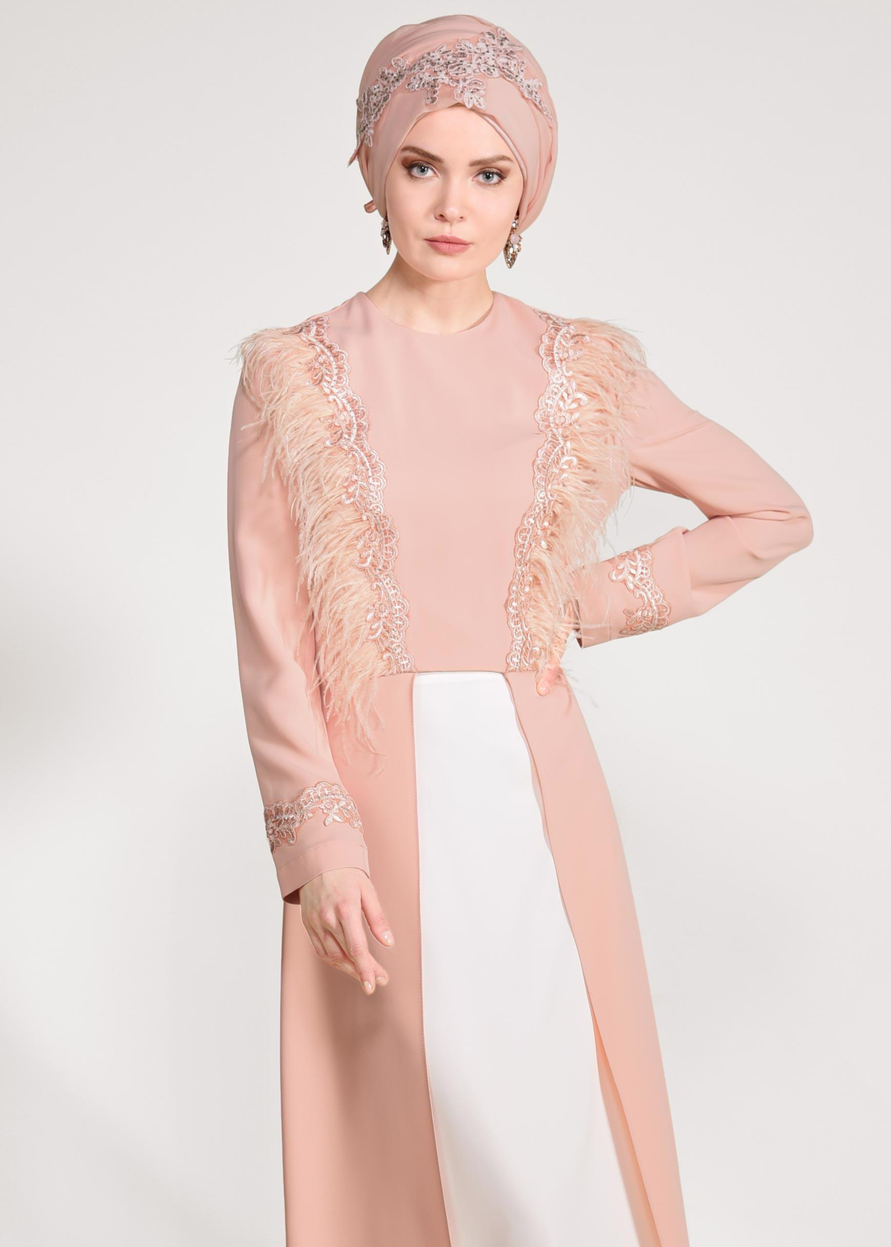 Tesettür giyim PUDRA GÜPÜR İŞLEMELİ TÜYLÜ ETEKLİ TAKIM 3405