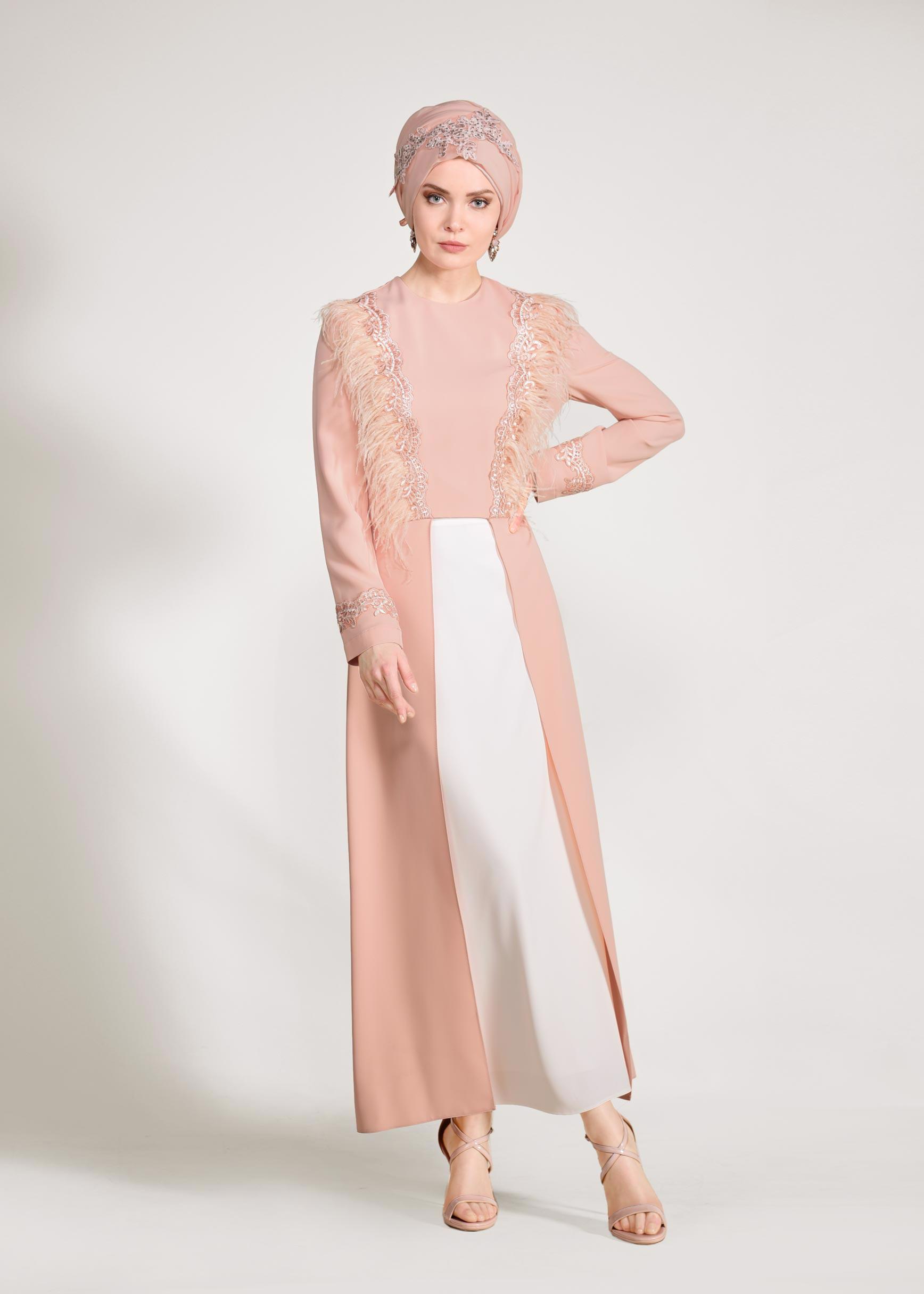 Tesettür giyim PUDRA GÜPÜR İŞLEMELİ TÜYLÜ ETEKLİ TAKIM 3405