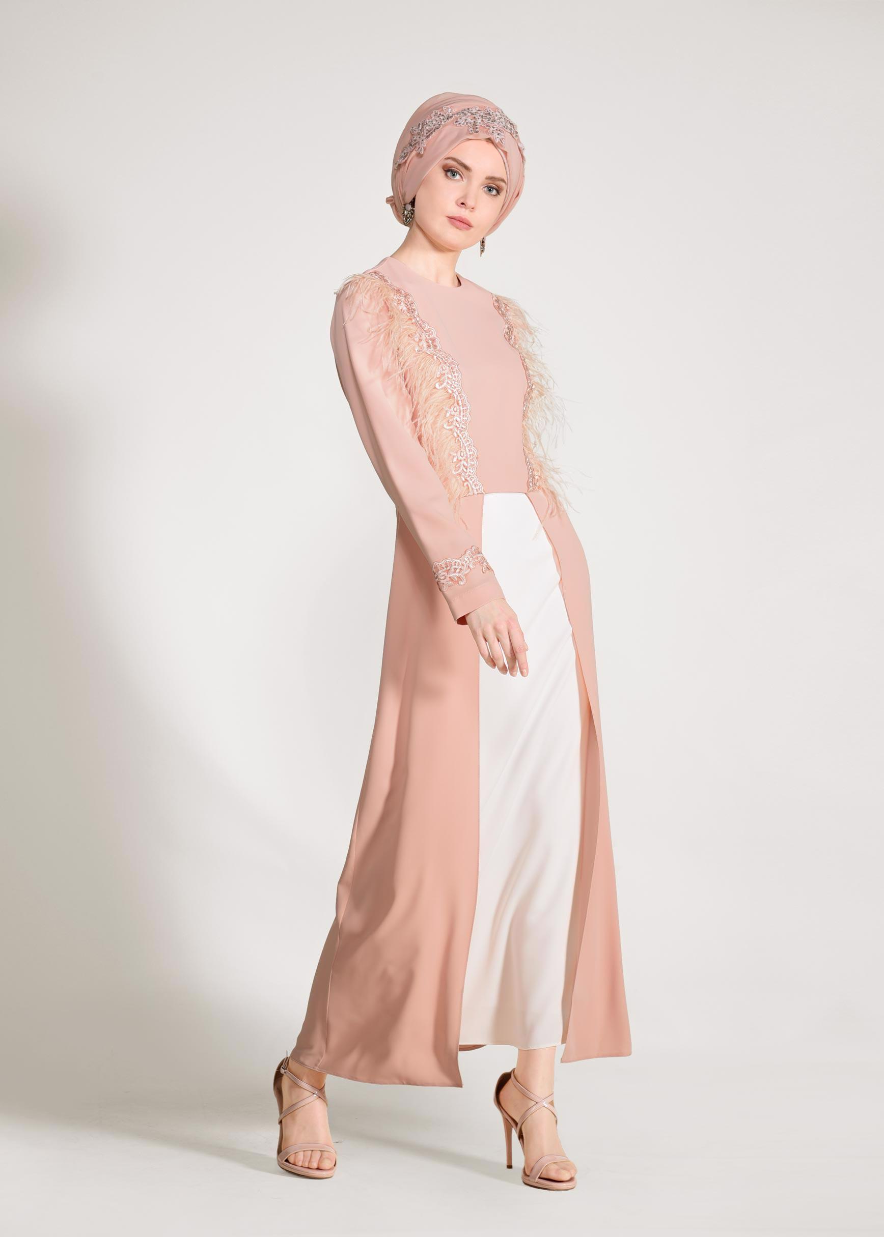 Tesettür giyim PUDRA GÜPÜR İŞLEMELİ TÜYLÜ ETEKLİ TAKIM 3405