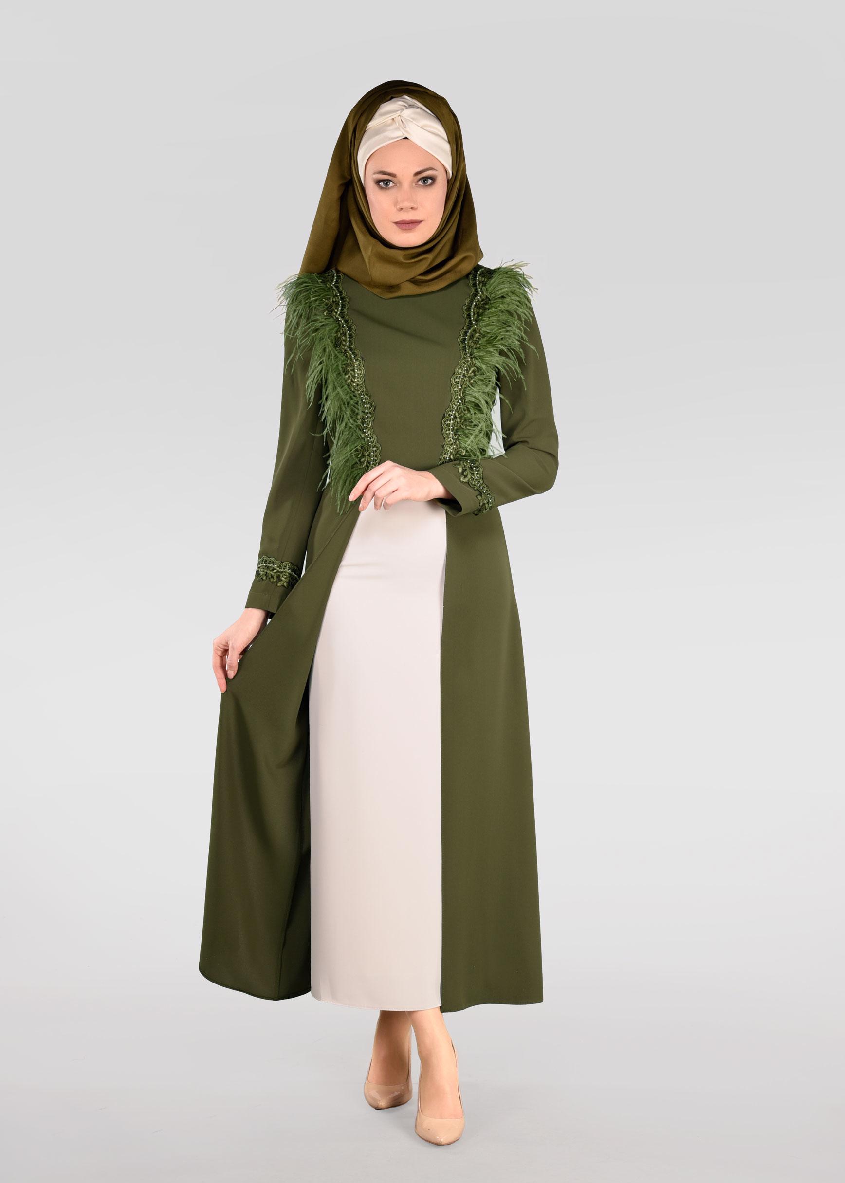 Tesettür giyim YEŞİL GÜPÜR İŞLEMELİ TÜYLÜ ETEKLİ TAKIM 3405