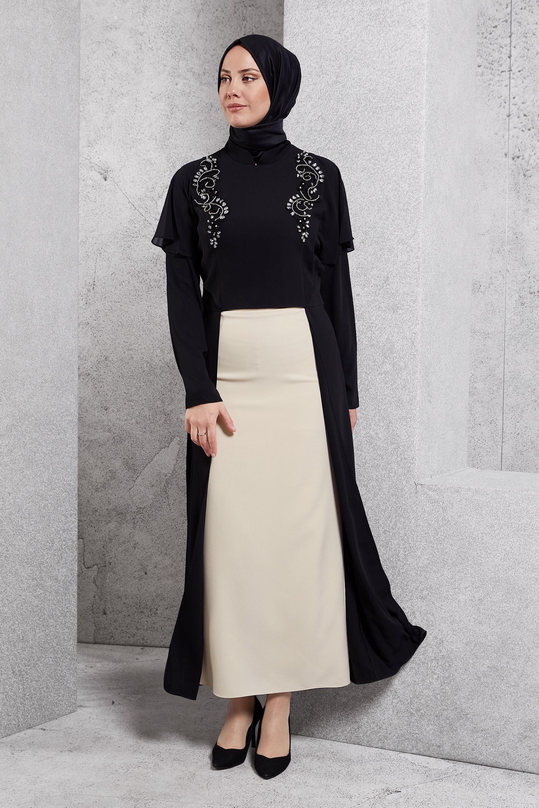 Tesettür giyim SİYAH KOLLARI VOLANLI TAŞ İŞLEMELİ ETEKLİ TAKIM 3406 