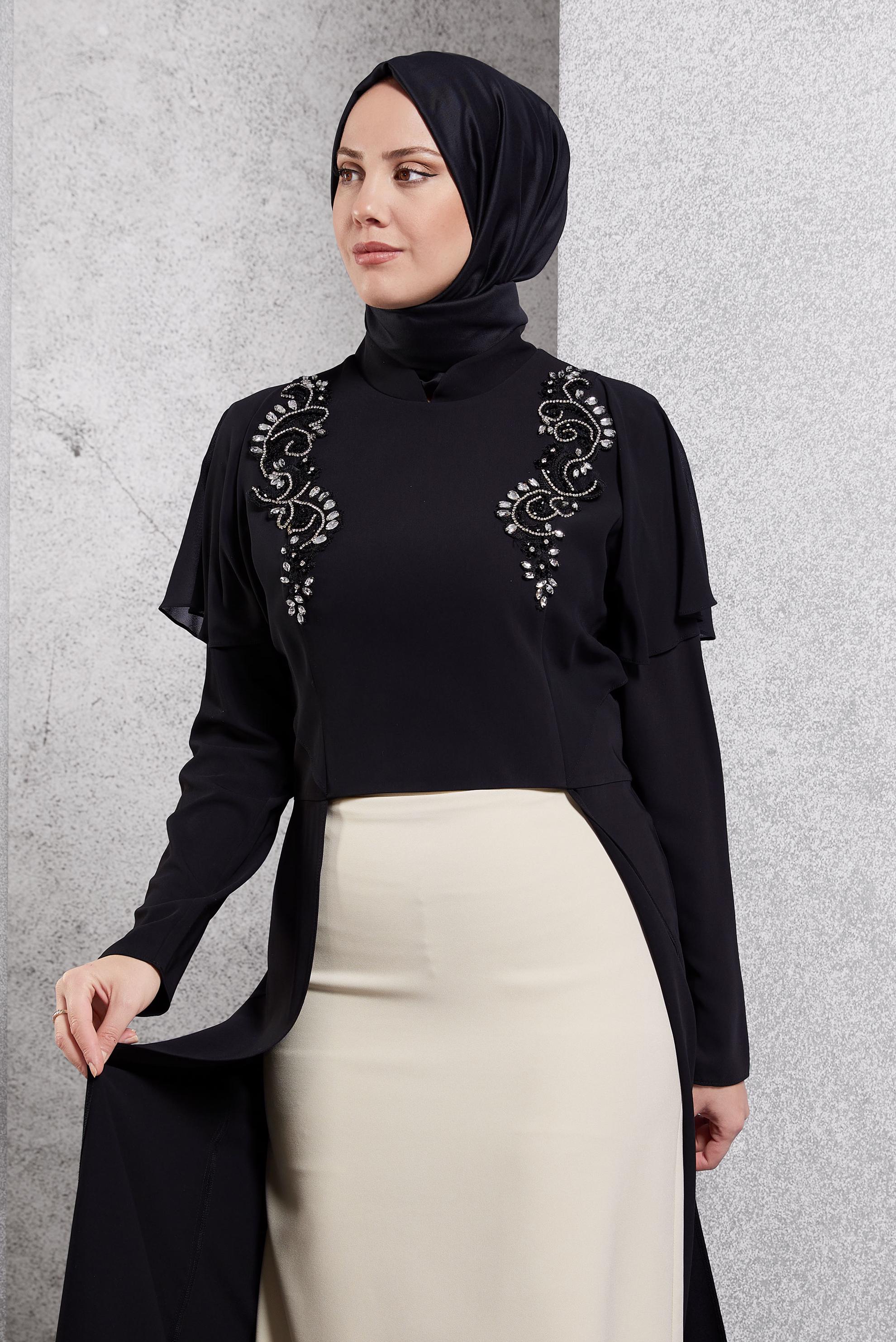 Tesettür giyim SİYAH KOLLARI VOLANLI TAŞ İŞLEMELİ ETEKLİ TAKIM 3406 