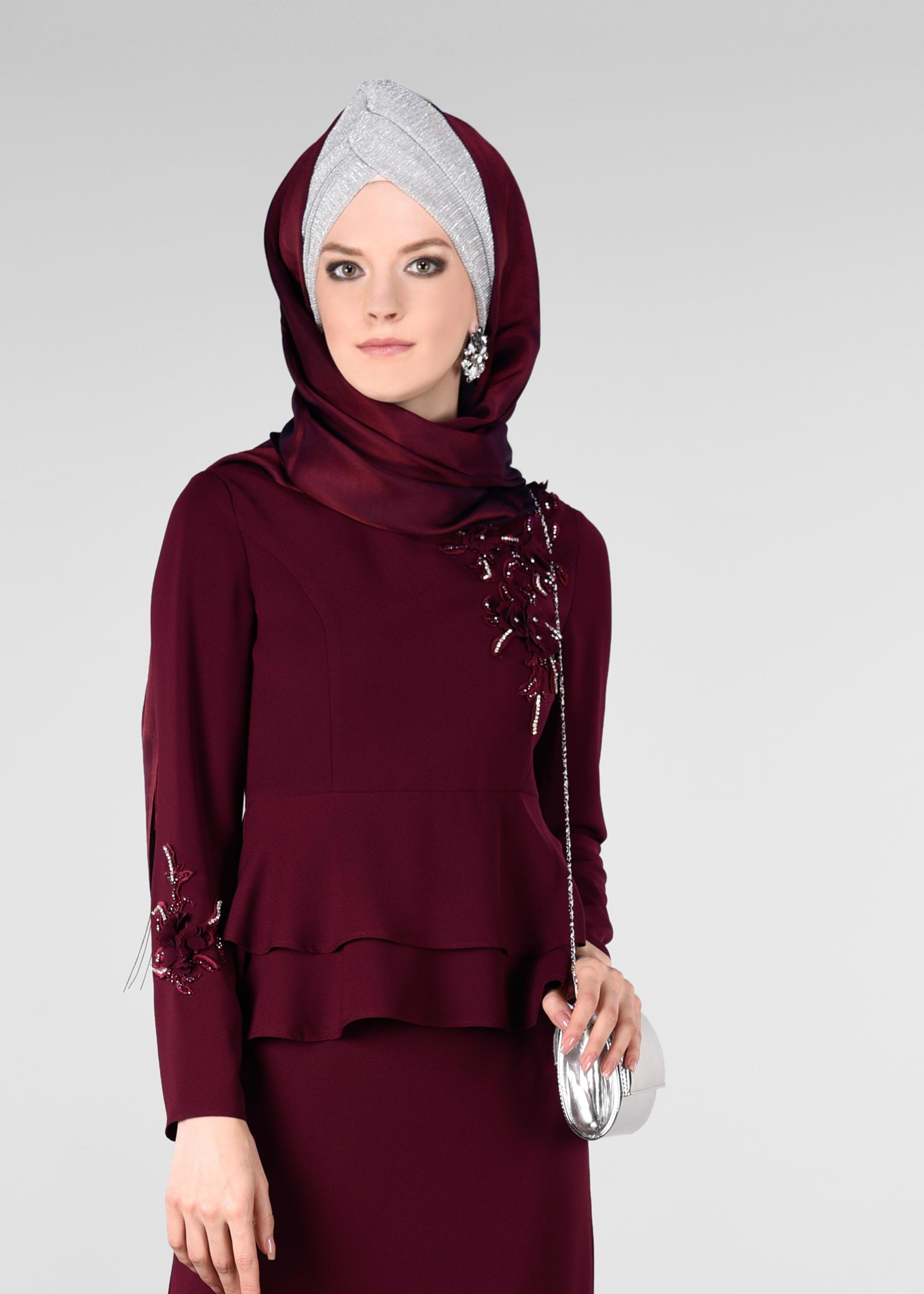 Hijab clothing CLARET RED Embroidered Binary Suit 3413  