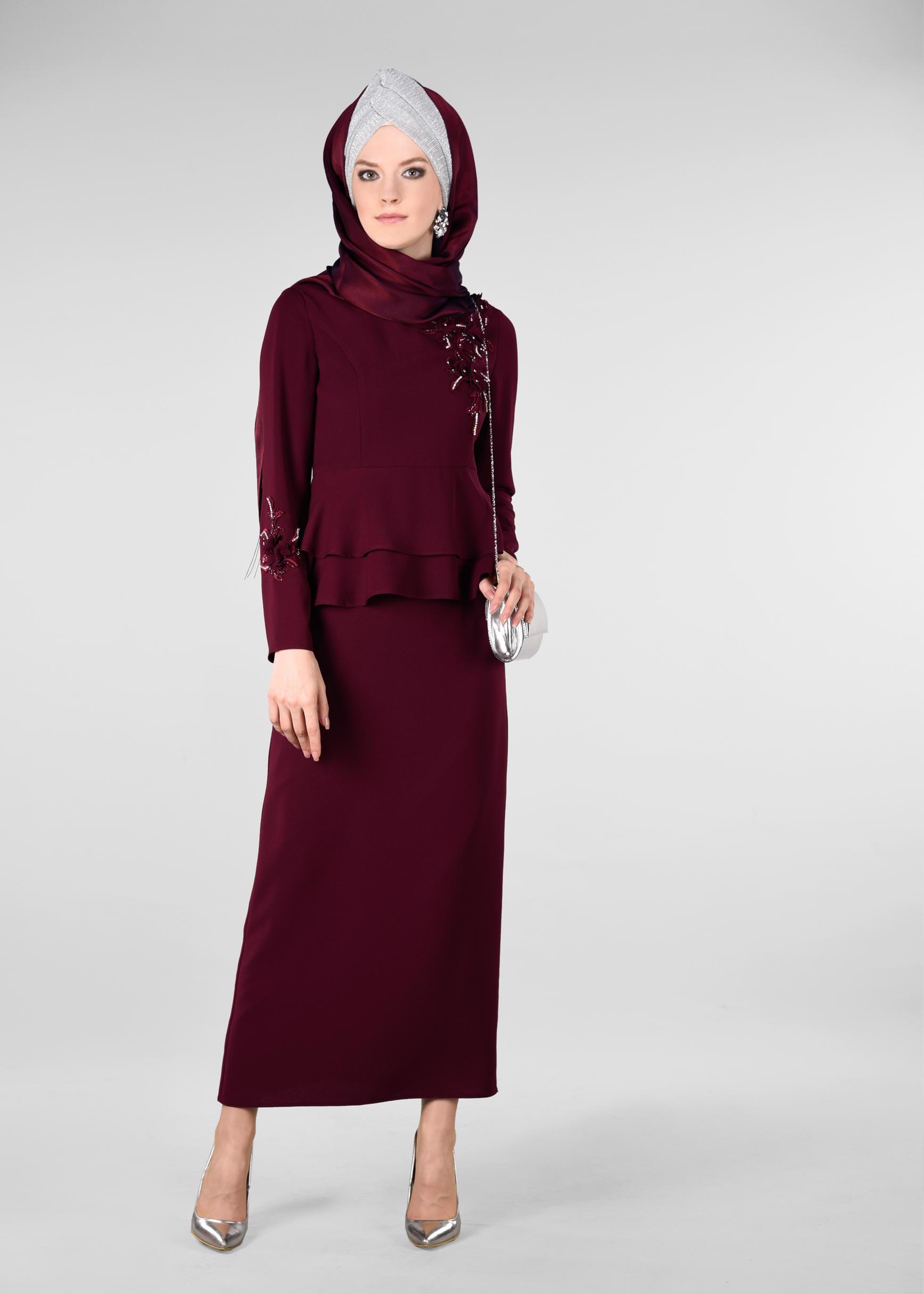 Hijab clothing CLARET RED Embroidered Binary Suit 3413  