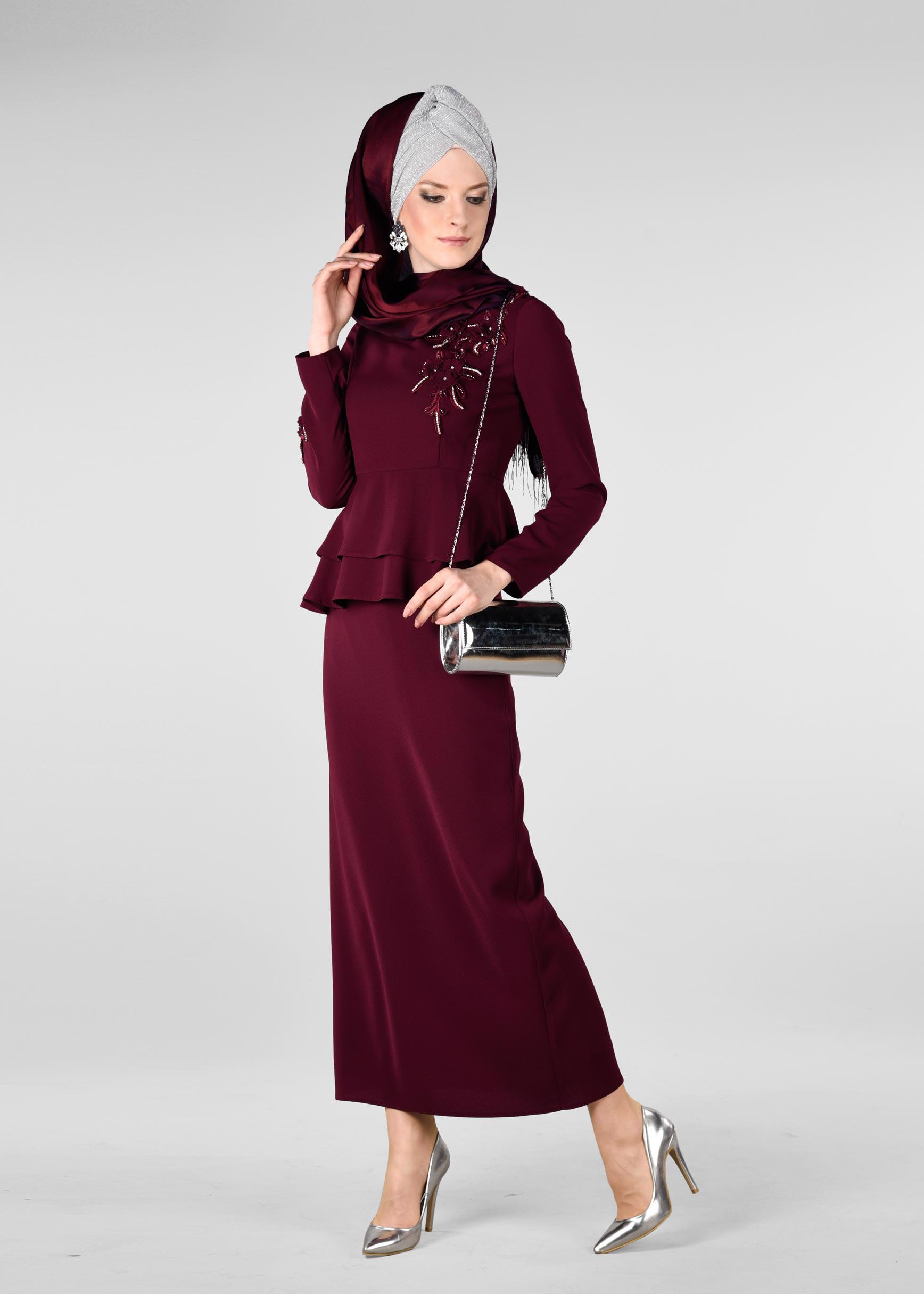 Hijab clothing CLARET RED Embroidered Binary Suit 3413  
