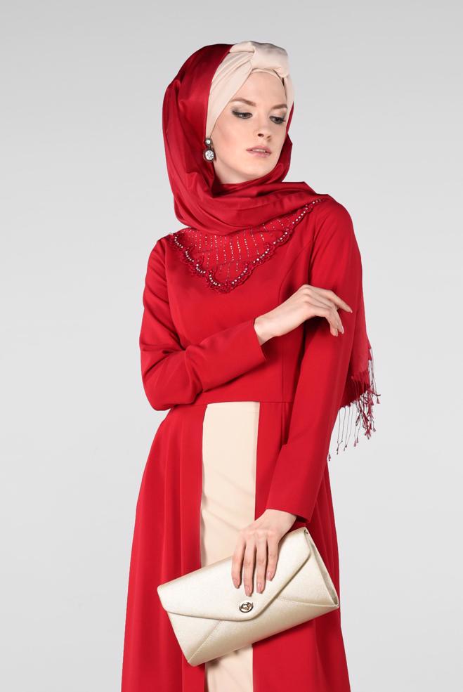 Hijab clothing RED Stone Detailed Binary Suit 3419   - ALVİNA