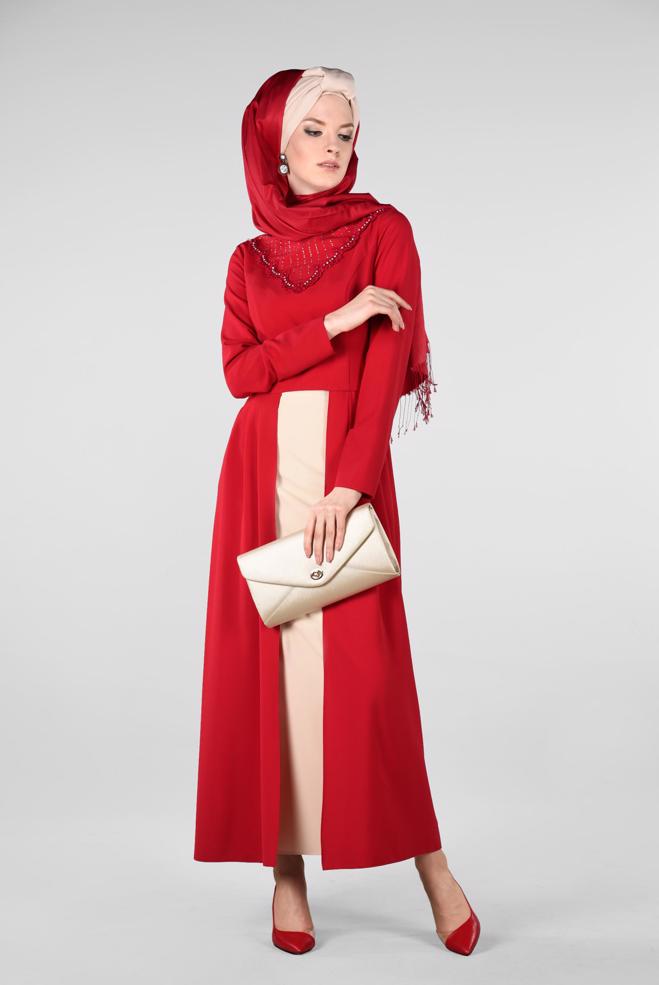 Hijab clothing RED Stone Detailed Binary Suit 3419   - ALVİNA