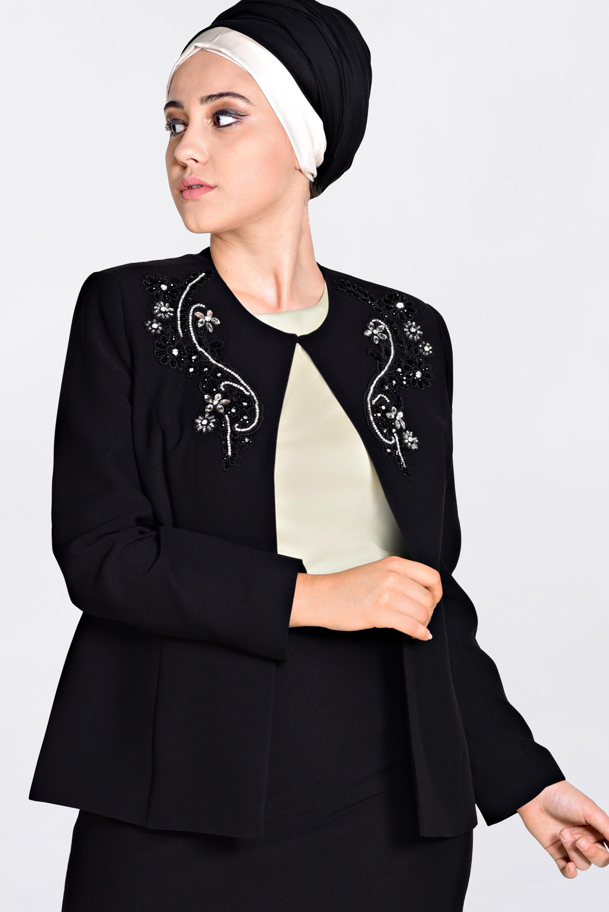 Hijab clothing BLACK Stoned Triple Suit 3429 