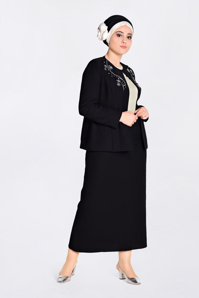 Hijab clothing BLACK Stoned Triple Suit 3429  - ALVİNA