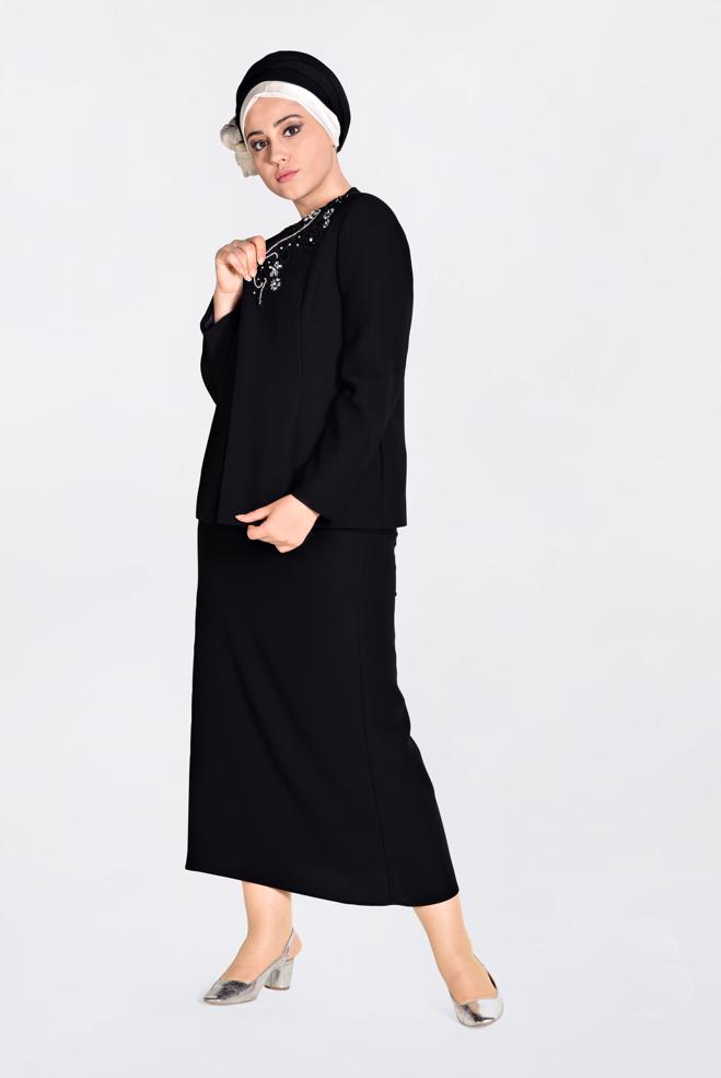 Hijab clothing BLACK Stoned Triple Suit 3429  - ALVİNA