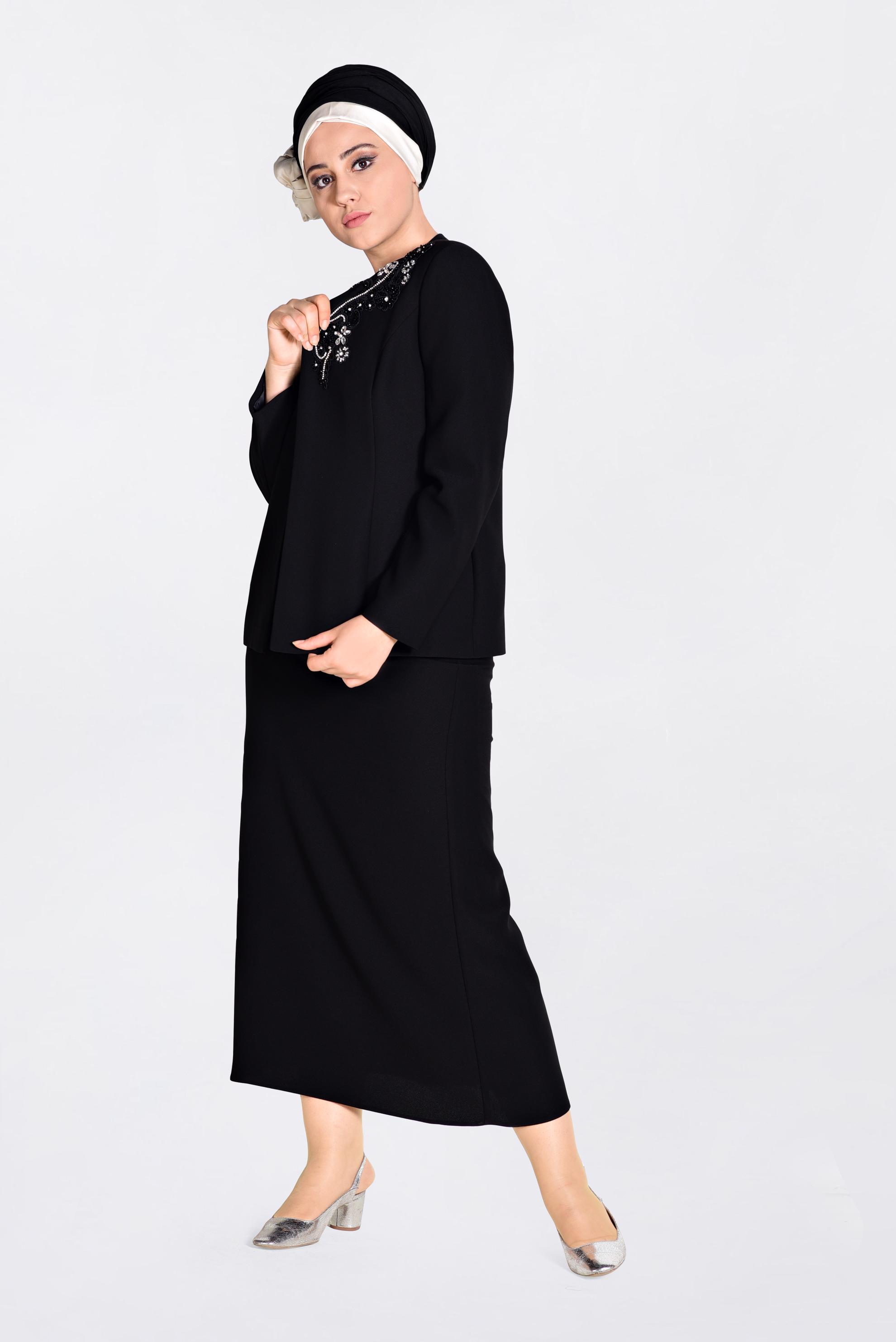 Hijab clothing BLACK Stoned Triple Suit 3429 