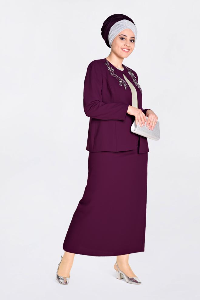Hijab clothing CLARET RED Stoned Triple Suit 3429  - ALVİNA
