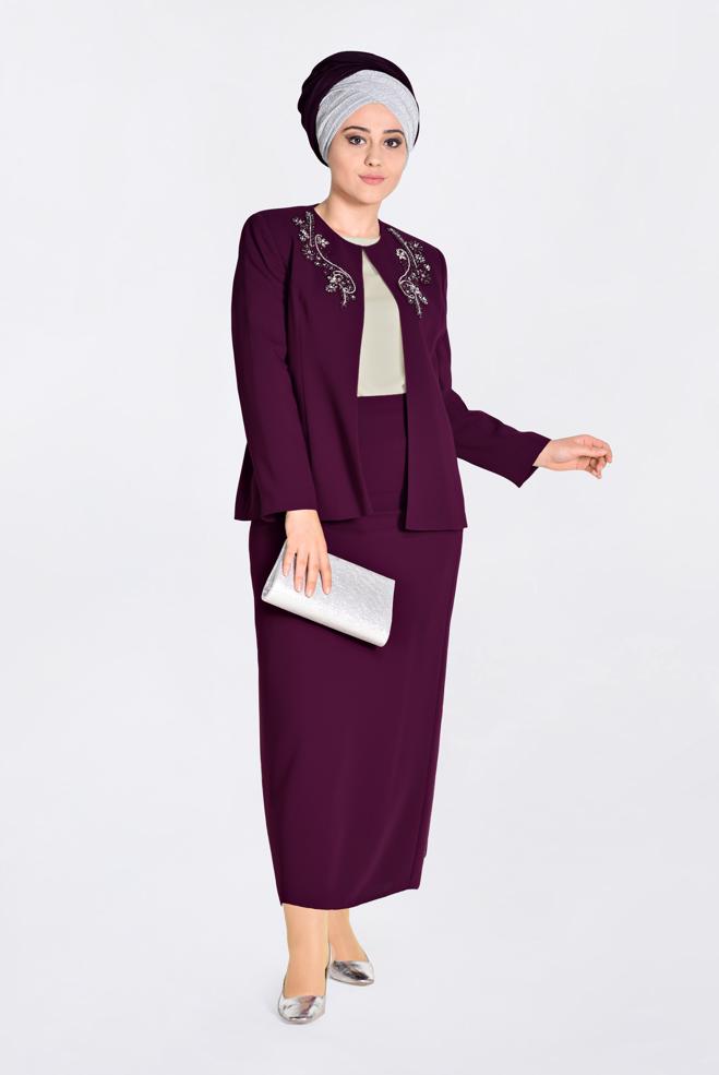 Hijab clothing CLARET RED Stoned Triple Suit 3429  - ALVİNA