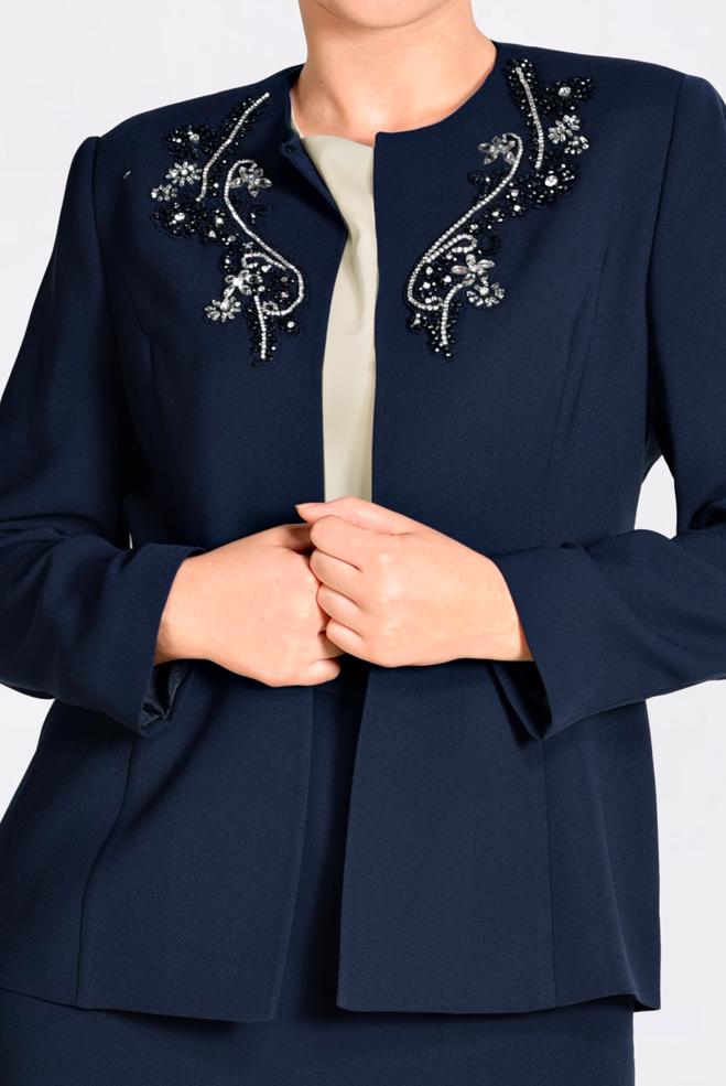 Hijab clothing NAVY BLUE Stoned Triple Suit 3429  - ALVİNA