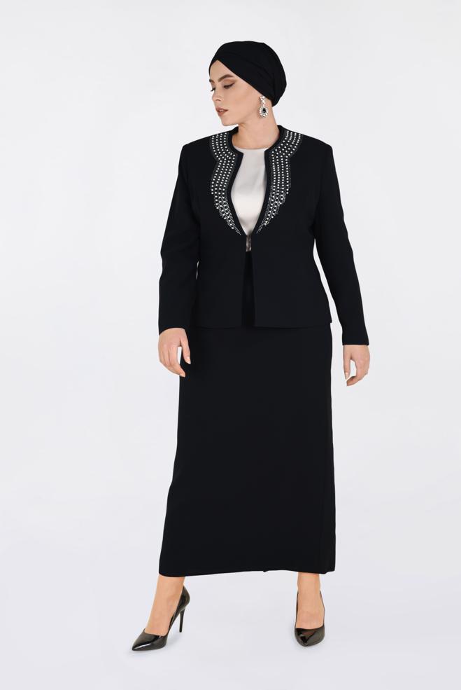 Hijab clothing BLACK Pearl Embroidered Triple Suit 3436  - ALVİNA