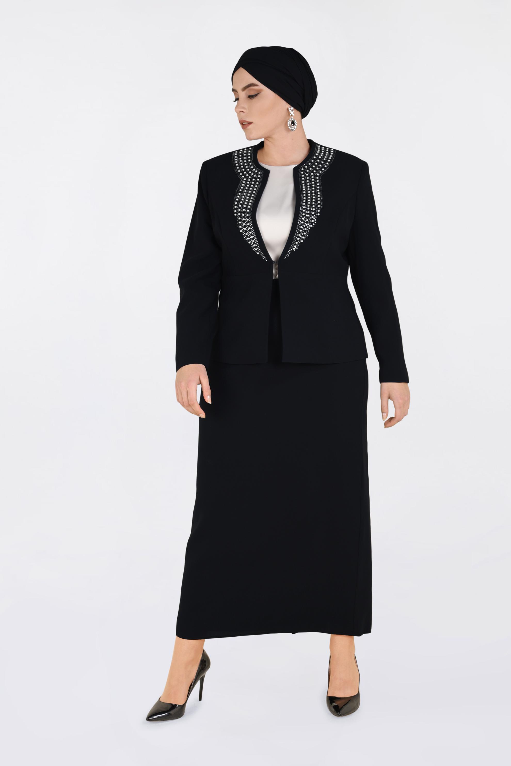 Tesettür giyim SİYAH İNCİ VE TAŞ BASKILI 3′LÜ ETEKLİ TAKIM 3436