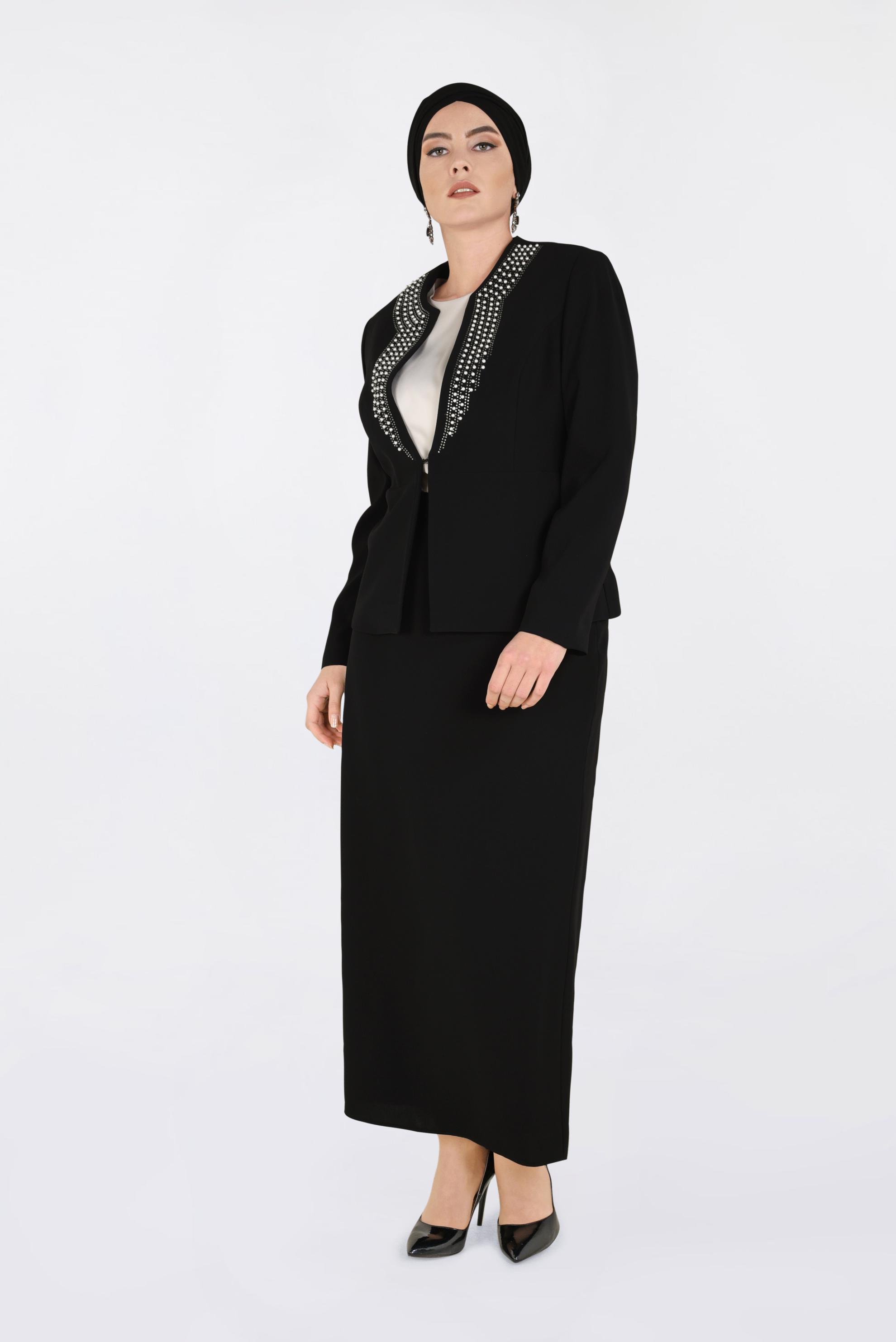 Tesettür giyim SİYAH İNCİ VE TAŞ BASKILI 3′LÜ ETEKLİ TAKIM 3436