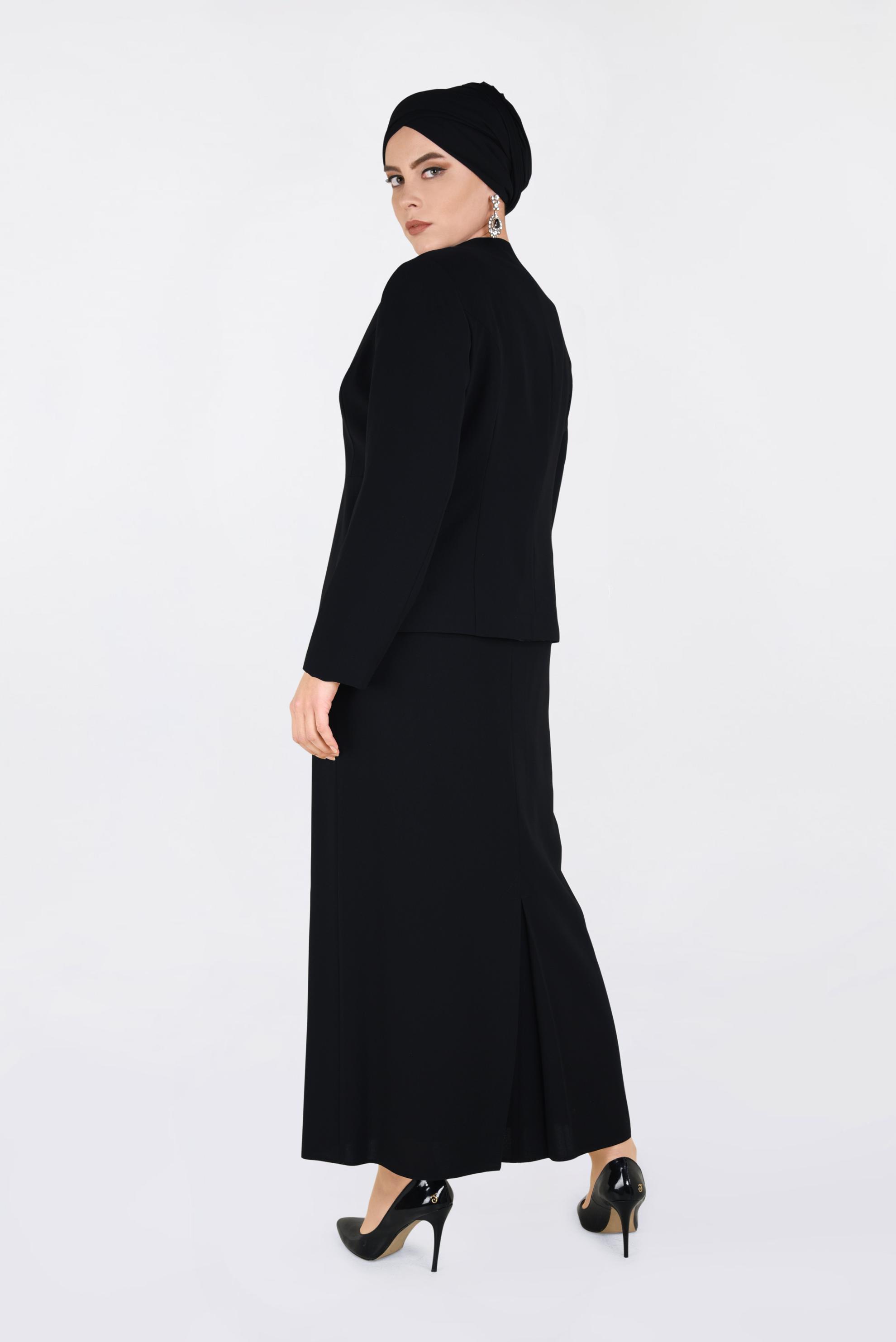 Tesettür giyim SİYAH İNCİ VE TAŞ BASKILI 3′LÜ ETEKLİ TAKIM 3436