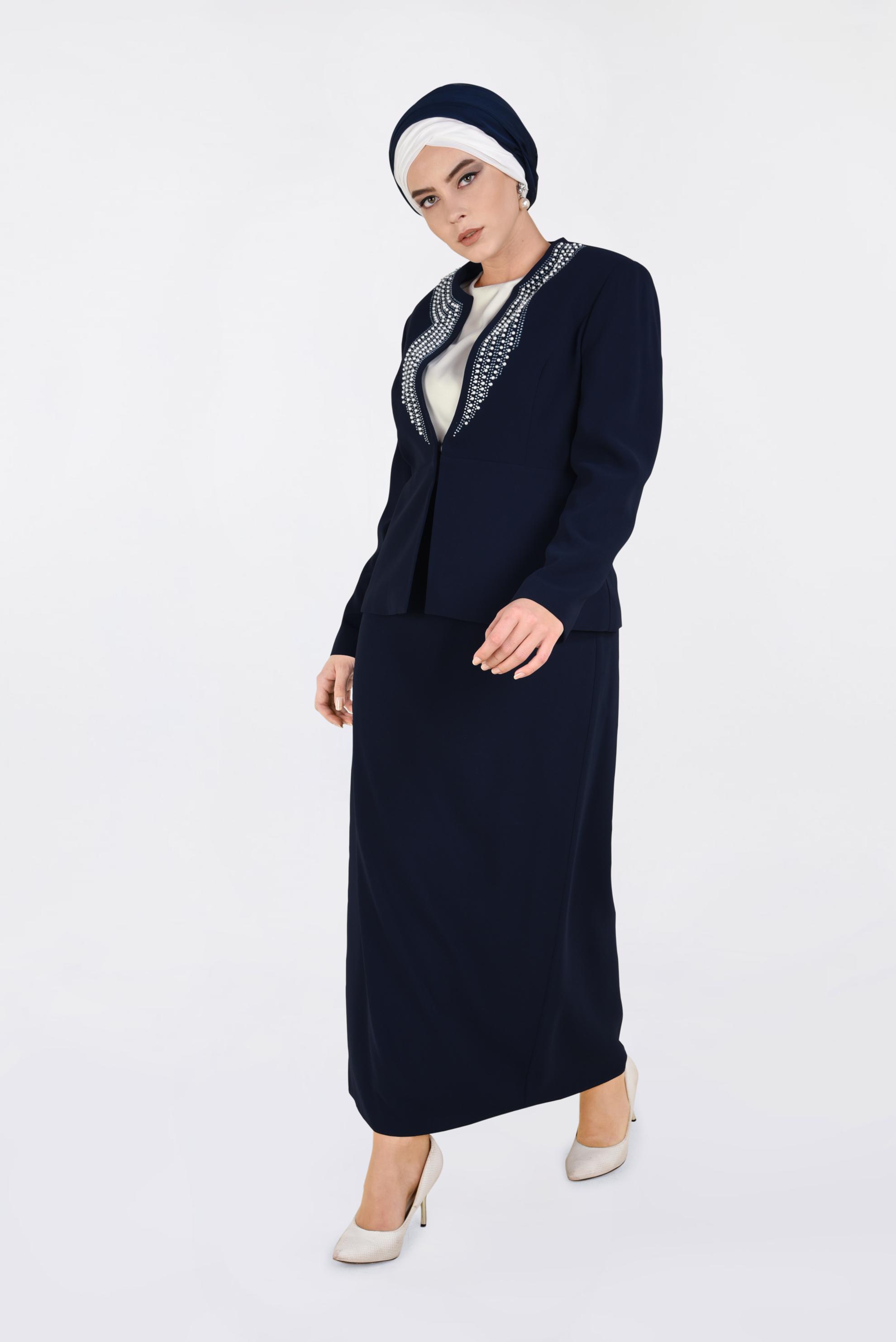 Hijab clothing NAVY BLUE Pearl Embroidered Triple Suit 3436 