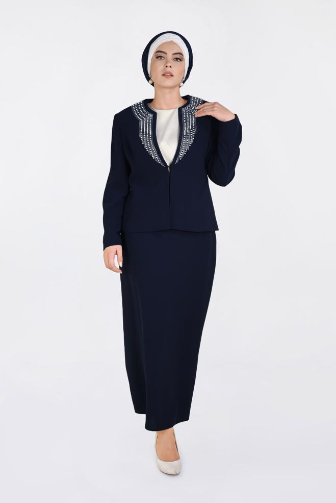 Hijab clothing NAVY BLUE Pearl Embroidered Triple Suit 3436  - ALVİNA