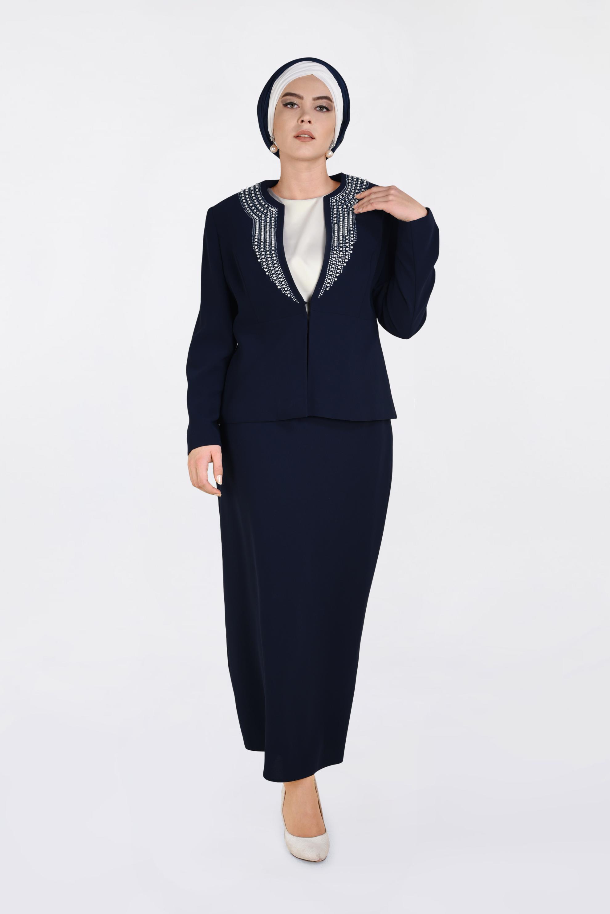 Hijab clothing NAVY BLUE Pearl Embroidered Triple Suit 3436 
