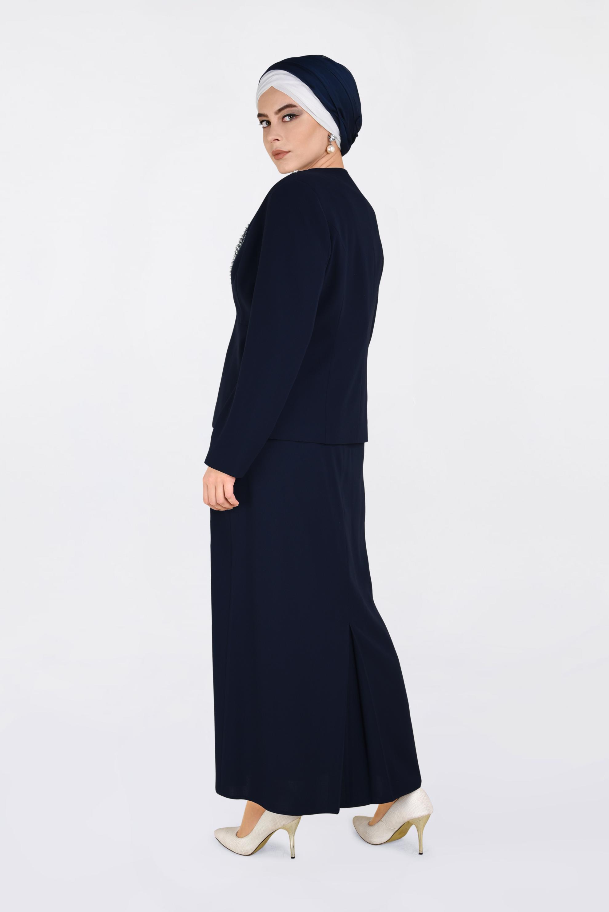 Hijab clothing NAVY BLUE Pearl Embroidered Triple Suit 3436 