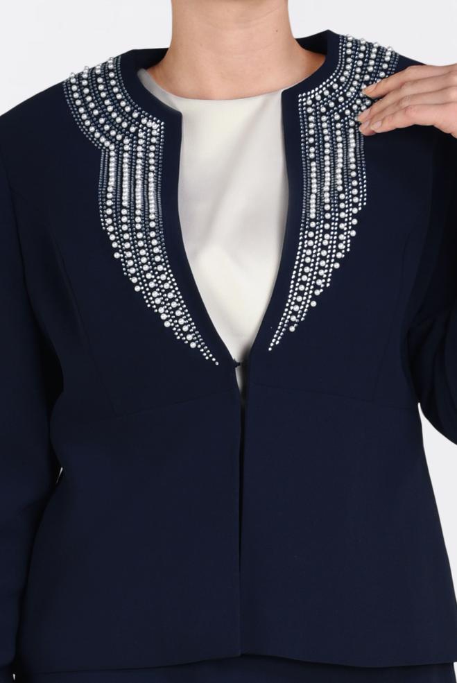 Hijab clothing NAVY BLUE Pearl Embroidered Triple Suit 3436  - ALVİNA