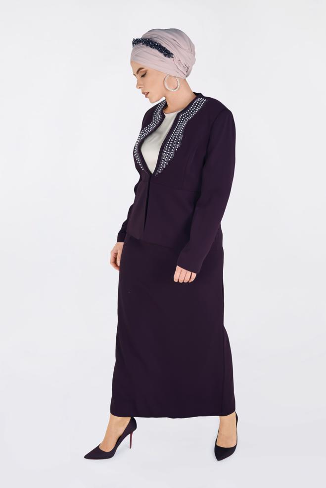 Tesettür giyim BORDO İNCİ VE TAŞ BASKILI 3′LÜ ETEKLİ TAKIM 3436 - ALVİNA