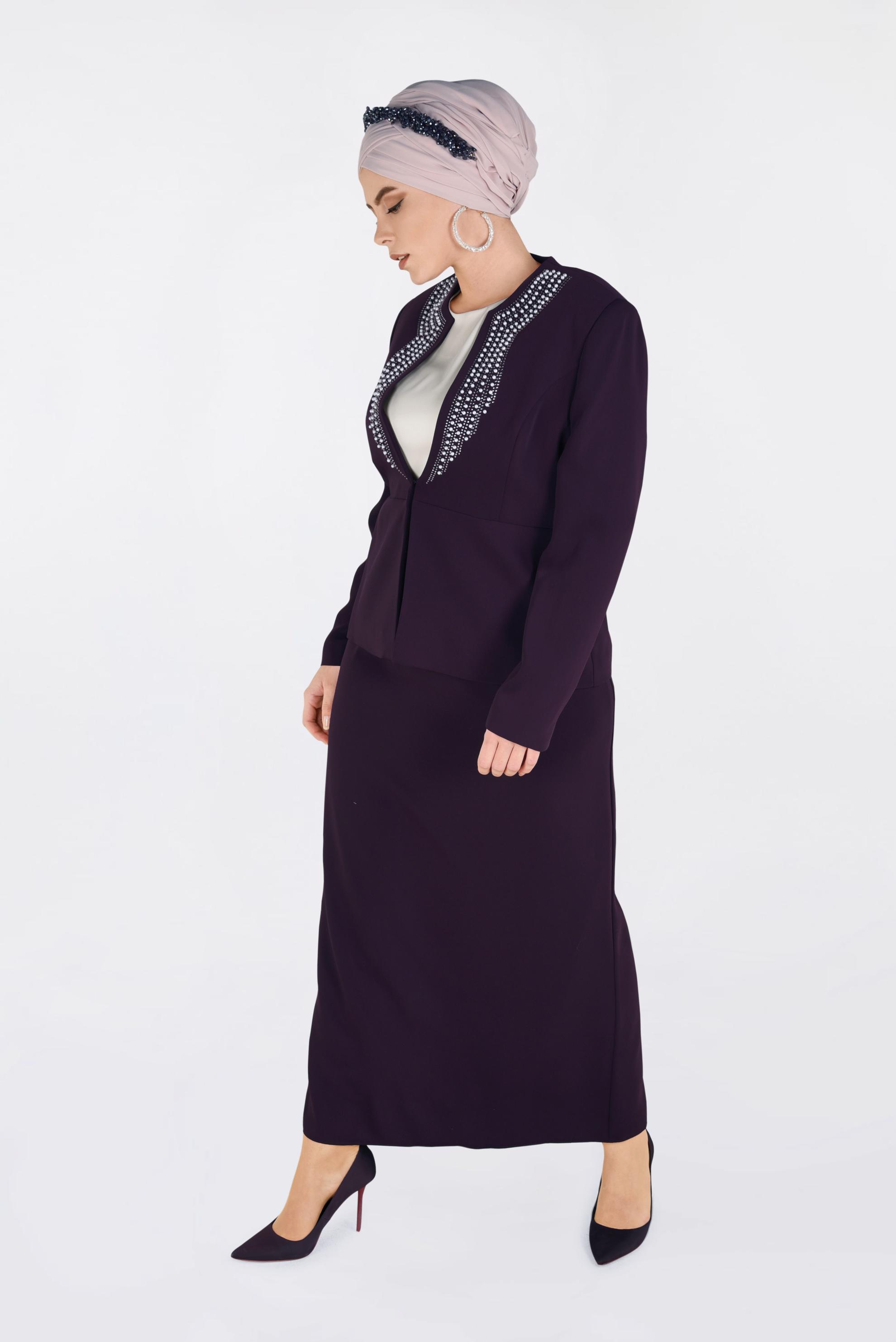 Tesettür giyim BORDO İNCİ VE TAŞ BASKILI 3′LÜ ETEKLİ TAKIM 3436