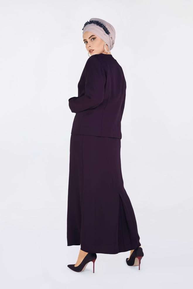 Tesettür giyim BORDO İNCİ VE TAŞ BASKILI 3′LÜ ETEKLİ TAKIM 3436 - ALVİNA