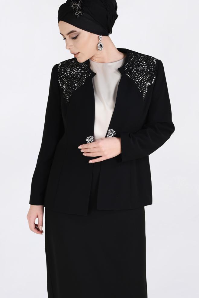 Hijab-Kleidung SCHWARZ TAŞ BASKI DETAYLI 3&prime;LÜ ETEKLİ TAKIM 3438 - ALVİNA