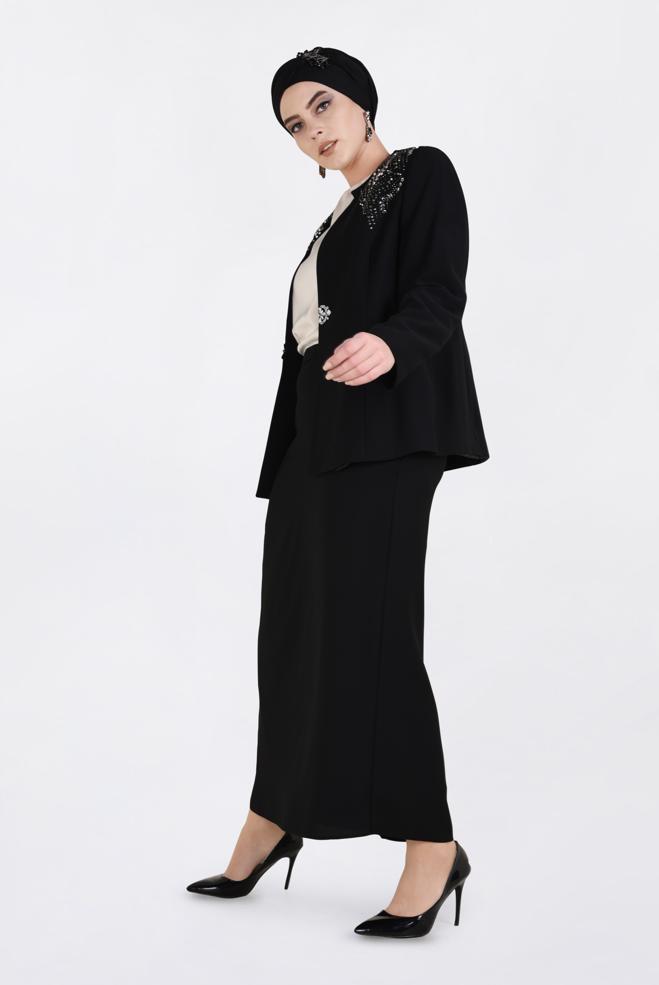 Hijab-Kleidung SCHWARZ TAŞ BASKI DETAYLI 3&prime;LÜ ETEKLİ TAKIM 3438 - ALVİNA