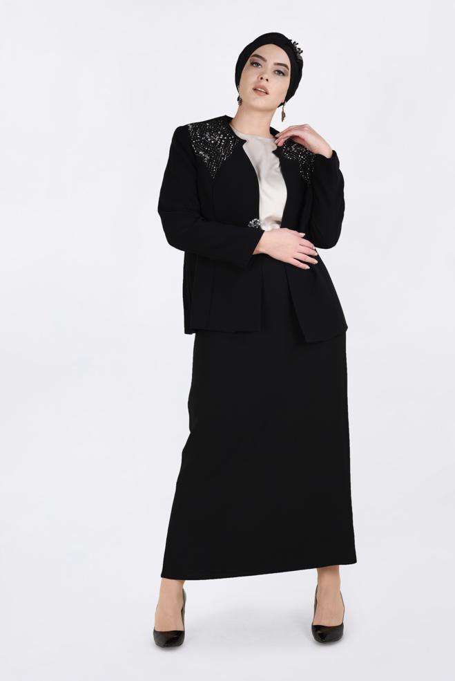 Hijab-Kleidung SCHWARZ TAŞ BASKI DETAYLI 3&prime;LÜ ETEKLİ TAKIM 3438 - ALVİNA