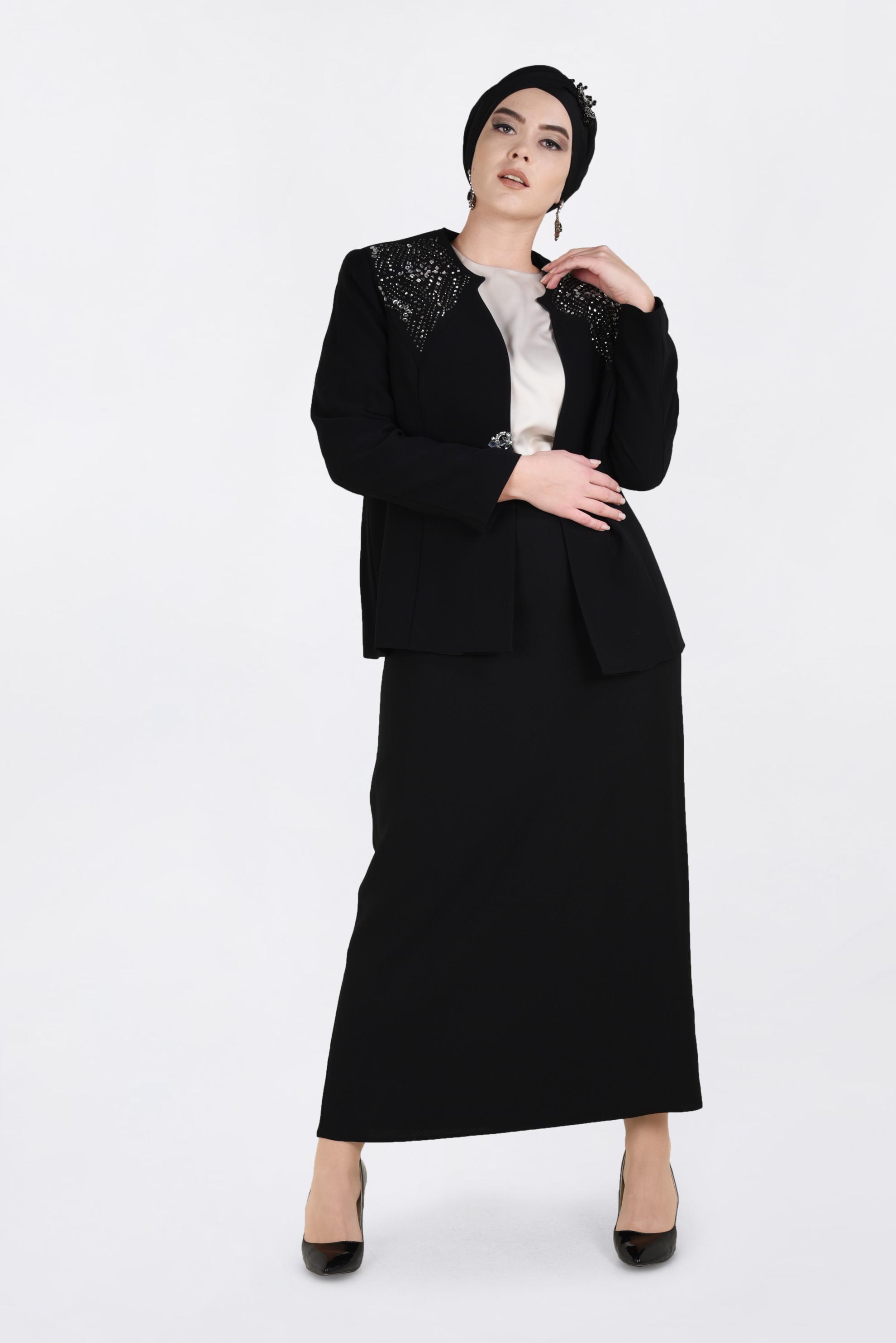 Tesettür giyim SİYAH TAŞ BASKI DETAYLI 3&prime;LÜ ETEKLİ TAKIM 3438