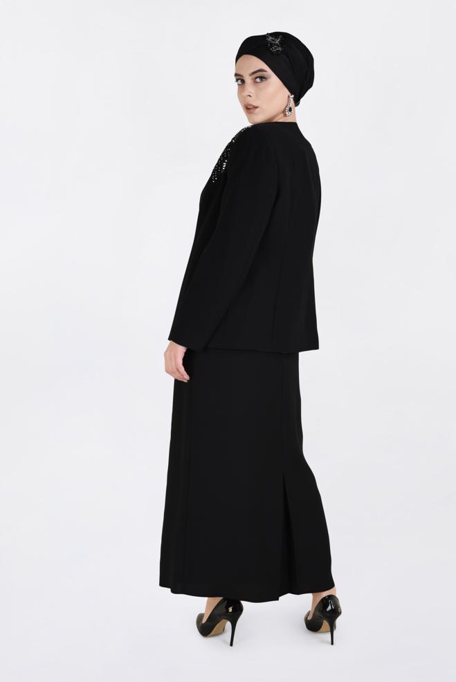 Hijab-Kleidung SCHWARZ TAŞ BASKI DETAYLI 3&prime;LÜ ETEKLİ TAKIM 3438 - ALVİNA