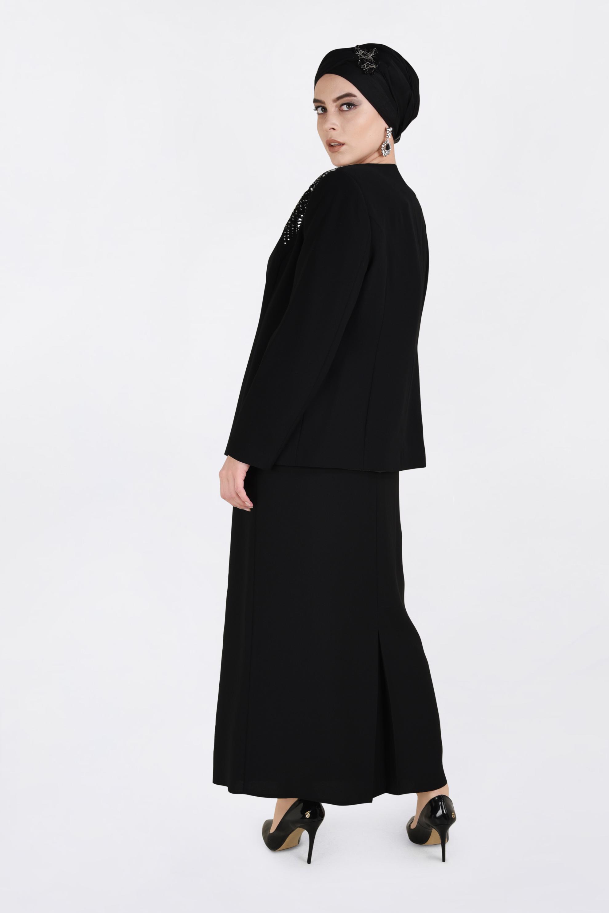 Tesettür giyim SİYAH TAŞ BASKI DETAYLI 3&prime;LÜ ETEKLİ TAKIM 3438