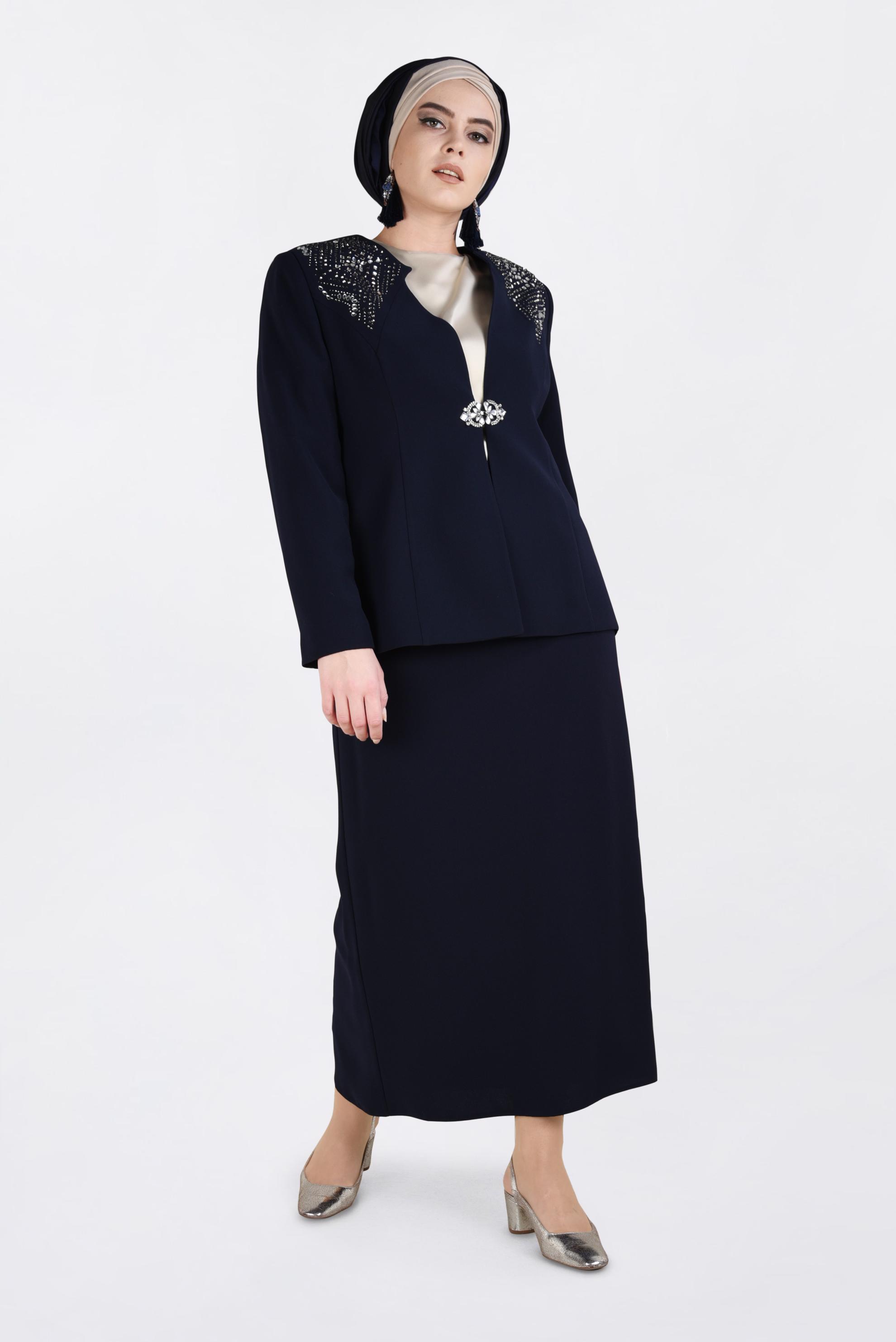 Hijab clothing NAVY BLUE Stone Detail Triple Suit 3438 