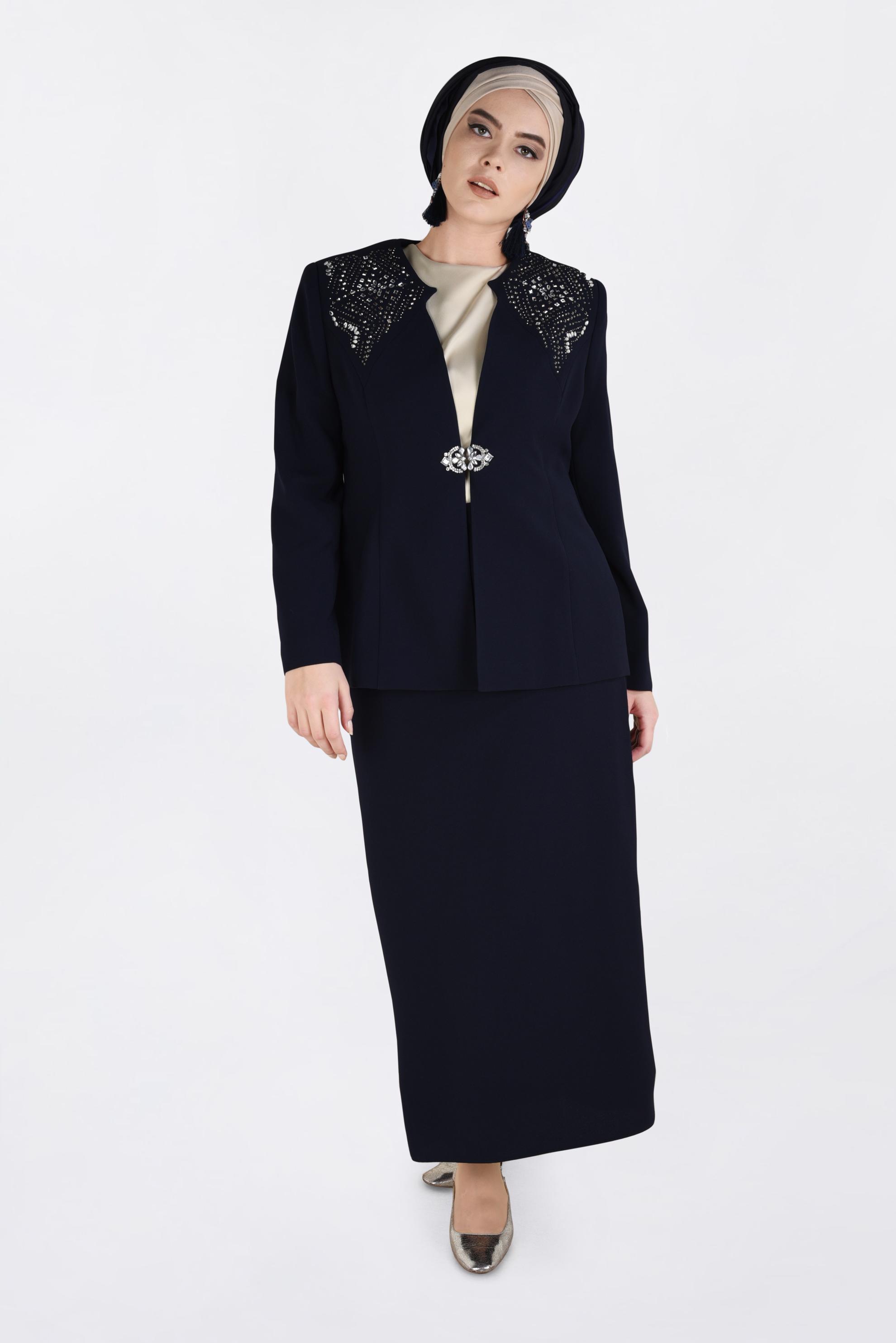 Hijab clothing NAVY BLUE Stone Detail Triple Suit 3438 