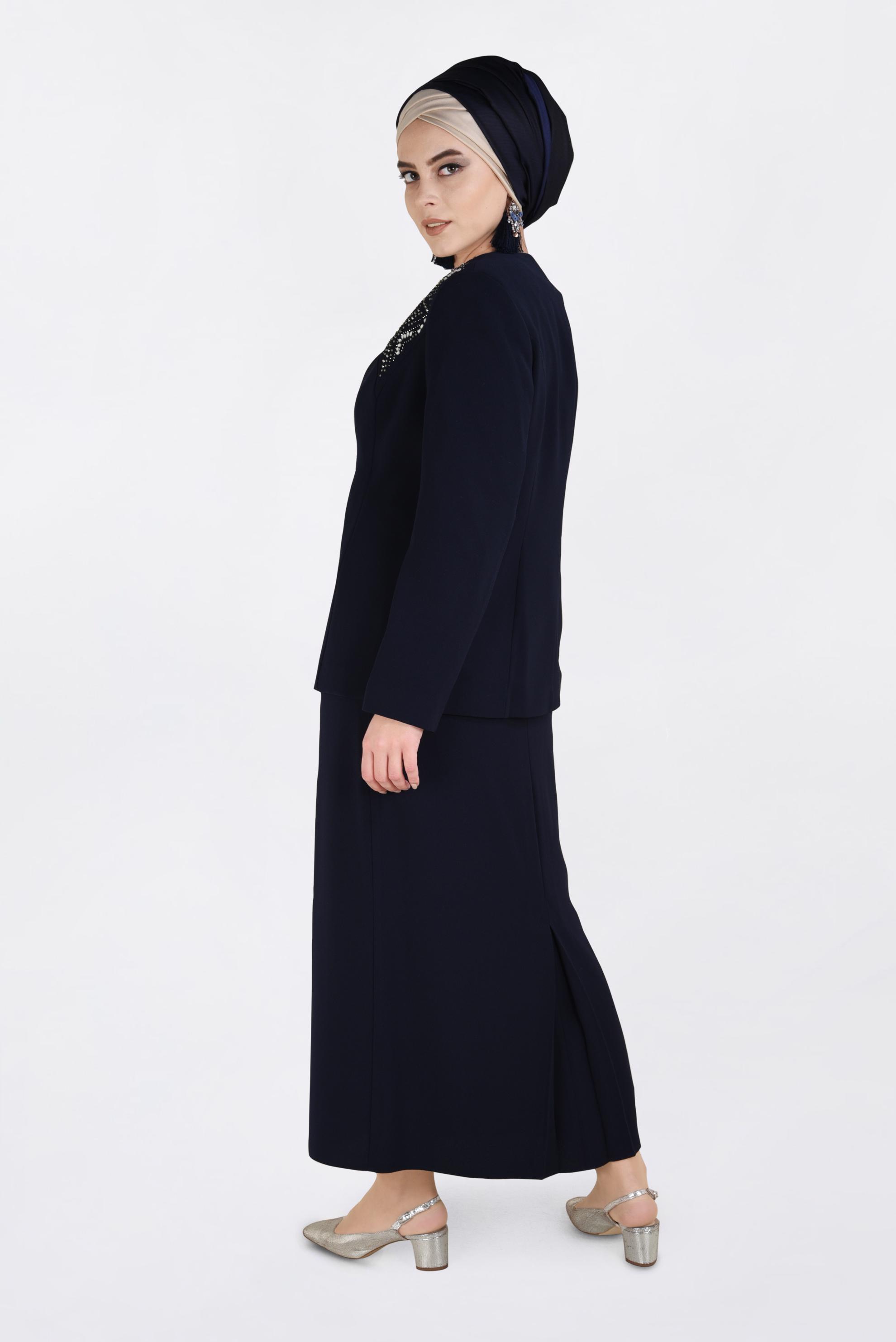 Hijab clothing NAVY BLUE Stone Detail Triple Suit 3438 