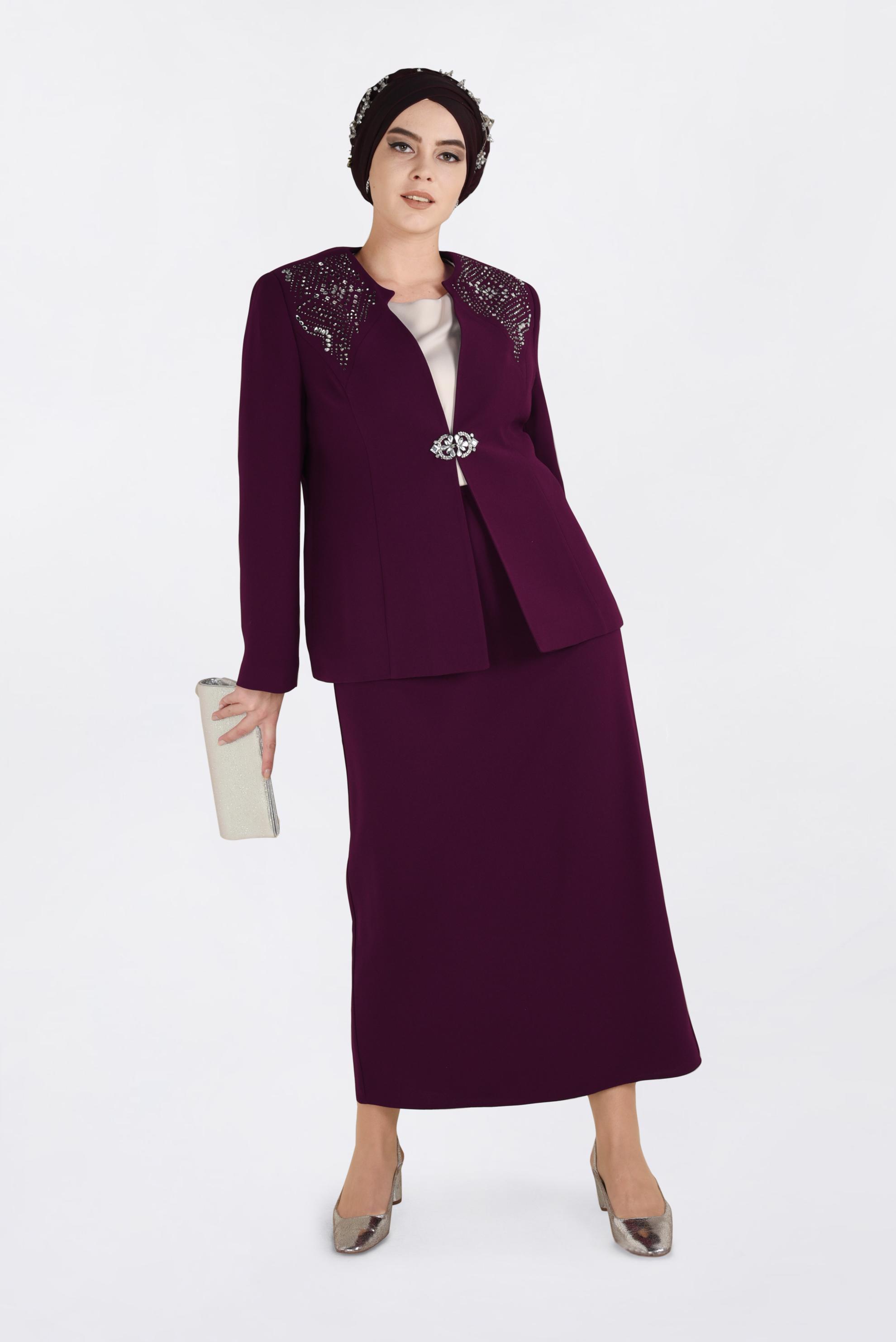 Tesettür giyim MÜRDÜM TAŞ BASKI DETAYLI 3′LÜ ETEKLİ TAKIM 3438