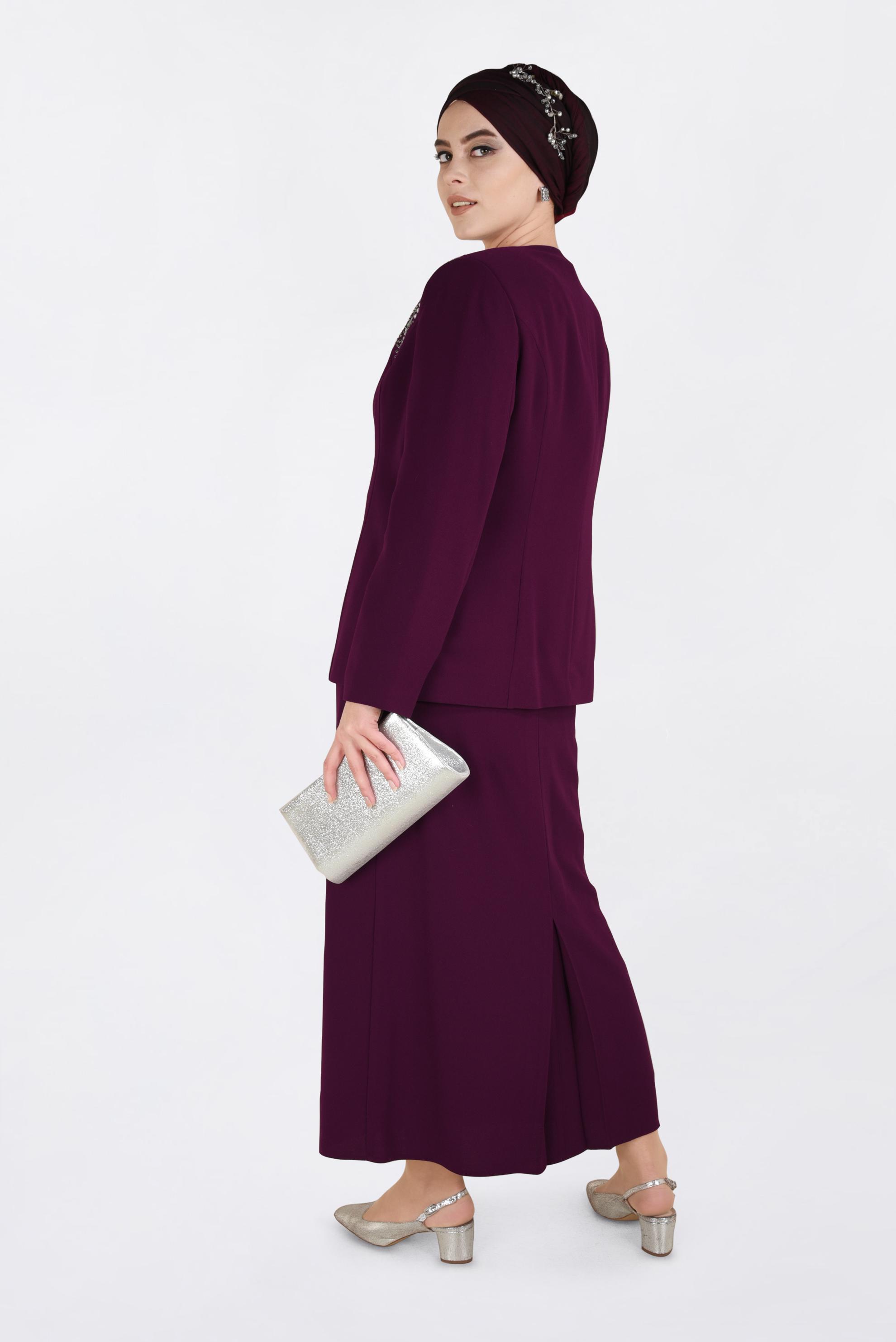 Tesettür giyim MÜRDÜM TAŞ BASKI DETAYLI 3′LÜ ETEKLİ TAKIM 3438