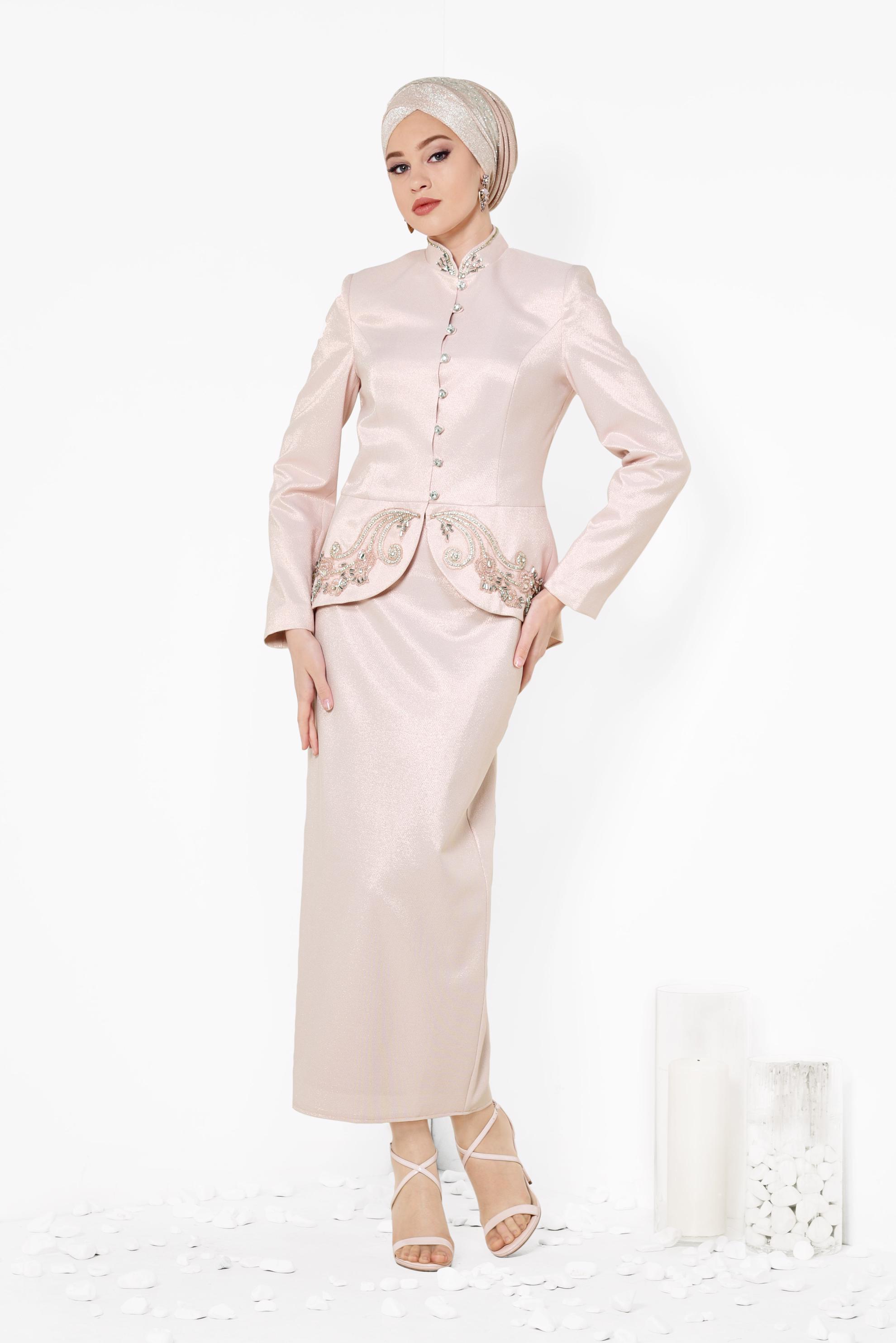 Tesettür giyim PUDRA SİMLİ 2′Lİ ETEKLİ TAKIM 3453