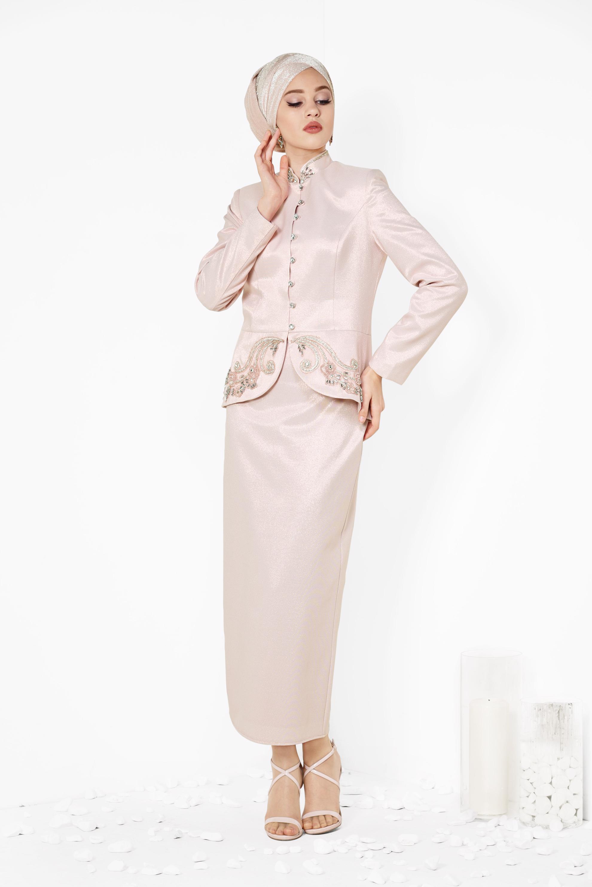 Tesettür giyim PUDRA SİMLİ 2′Lİ ETEKLİ TAKIM 3453