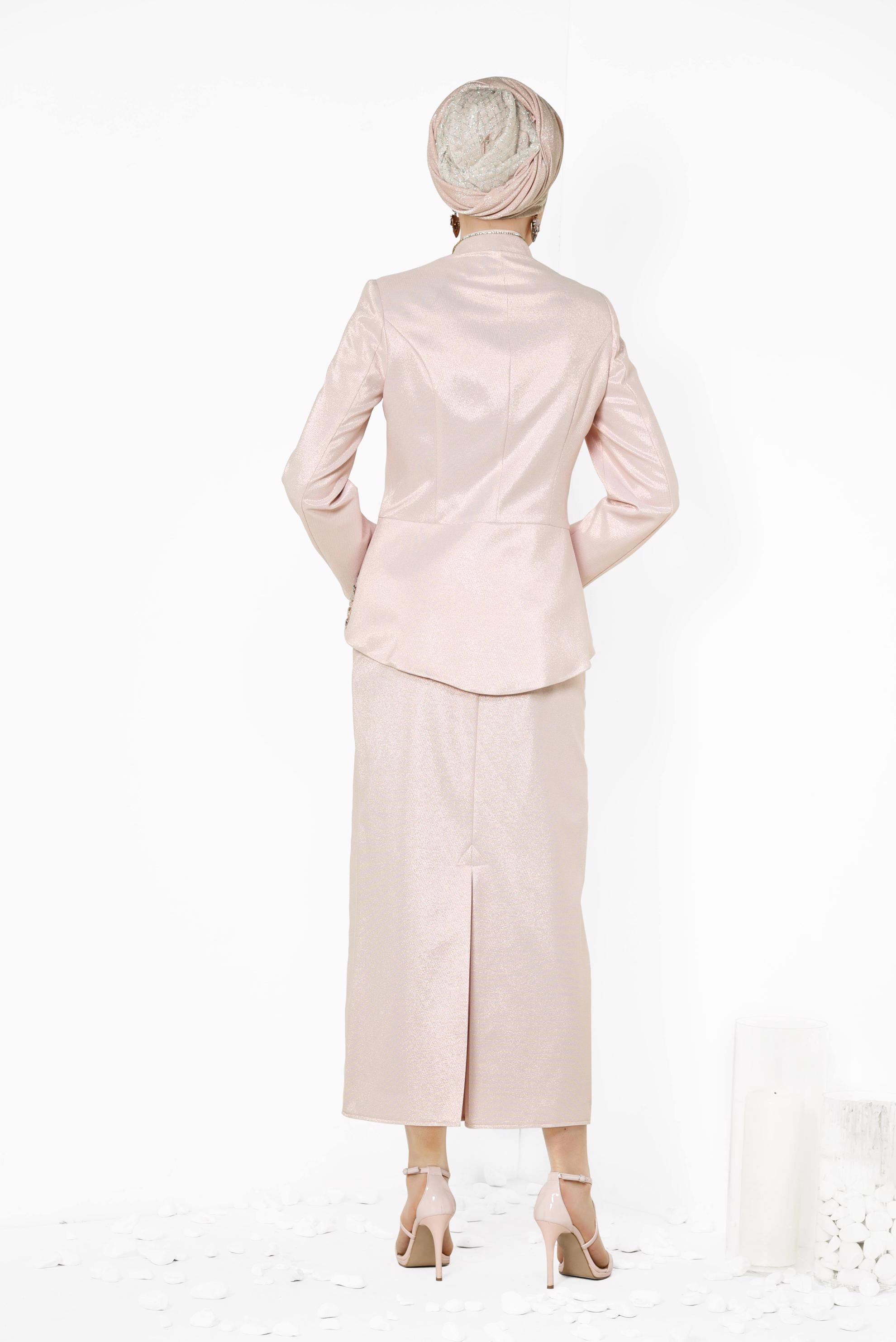 Tesettür giyim PUDRA SİMLİ 2′Lİ ETEKLİ TAKIM 3453