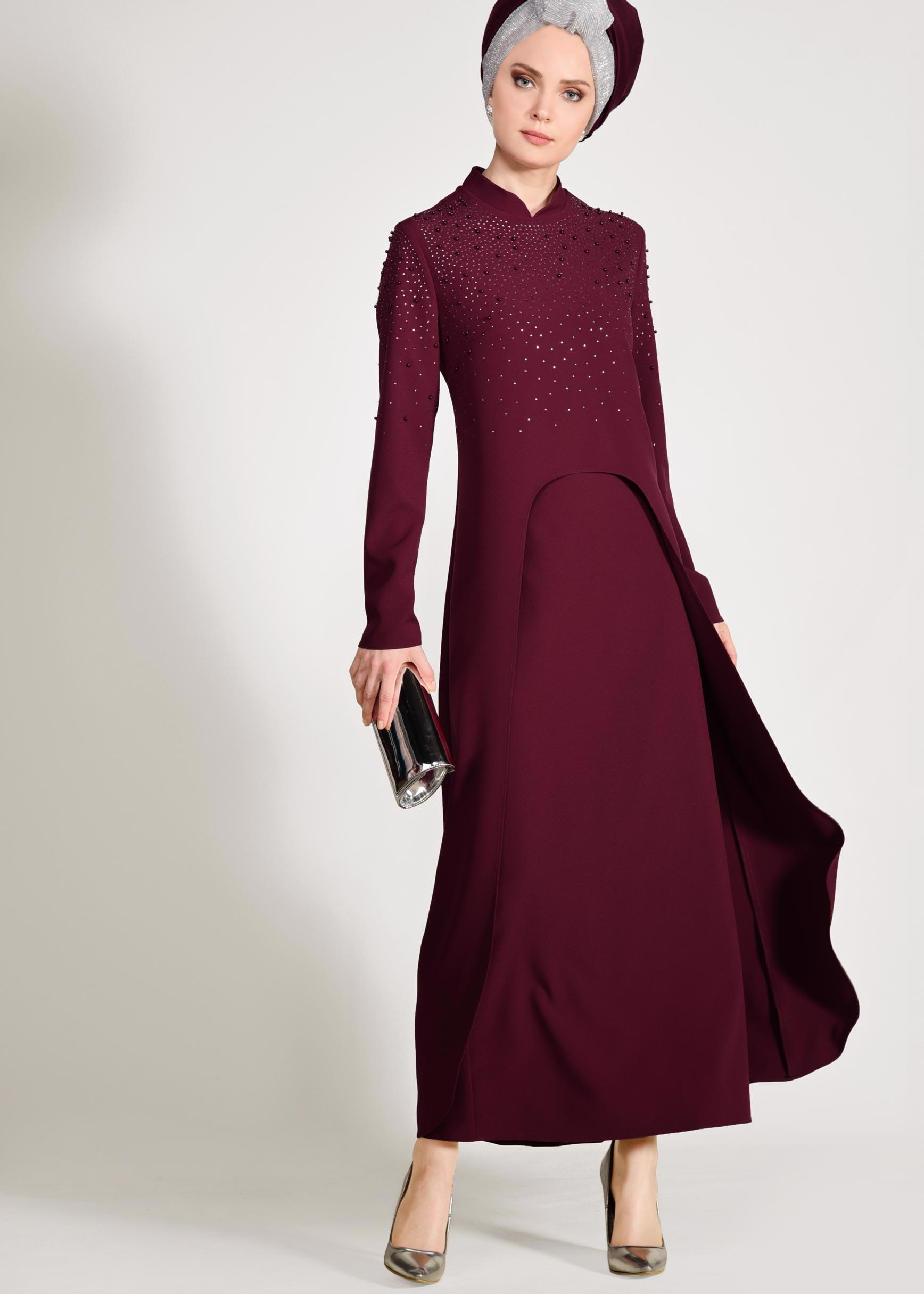 Tesettür giyim BORDO BONCUK İŞLEMELİ 2&prime;Lİ ETEKLİ TAKIM 3456