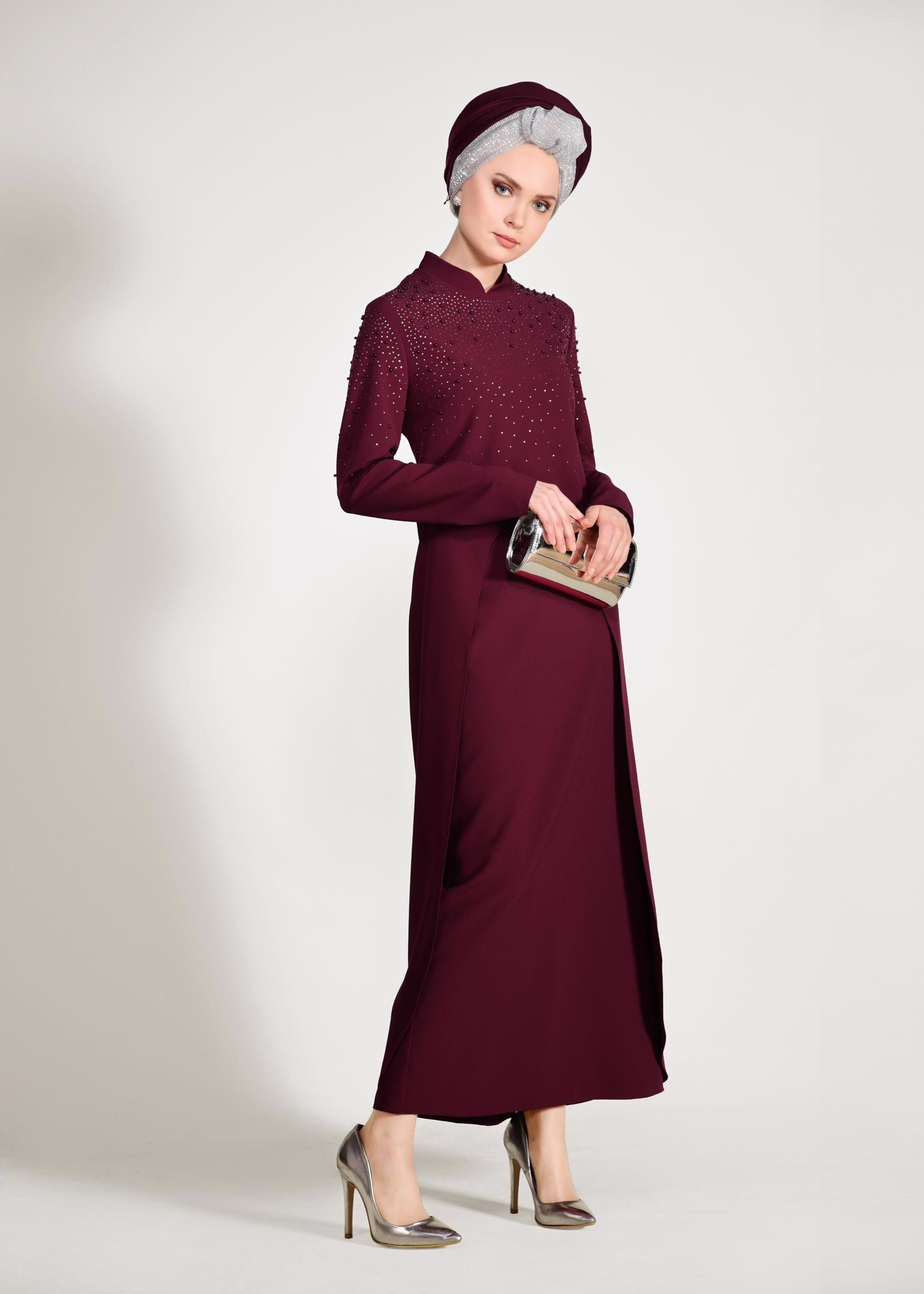 Tesettür giyim BORDO BONCUK İŞLEMELİ 2&prime;Lİ ETEKLİ TAKIM 3456