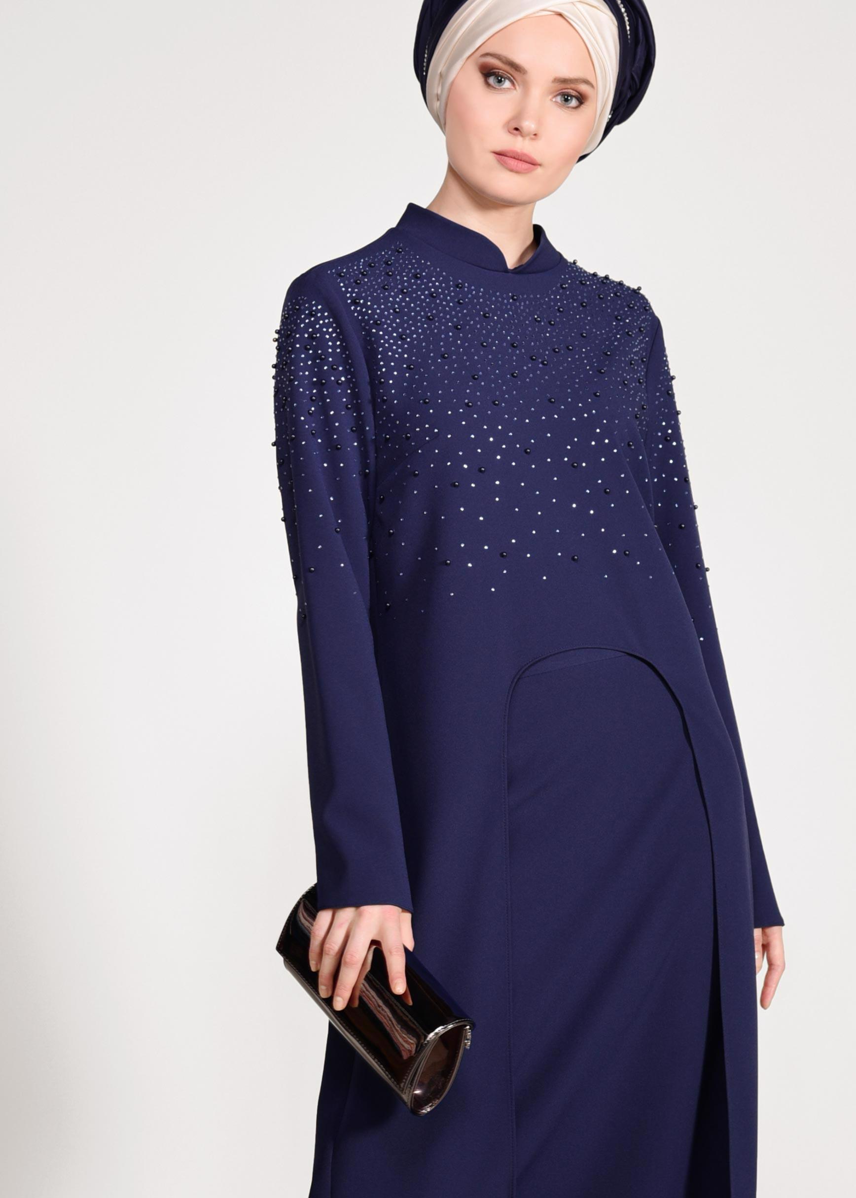 Tesettür giyim LACİVERT BONCUK İŞLEMELİ 2′Lİ ETEKLİ TAKIM 3456