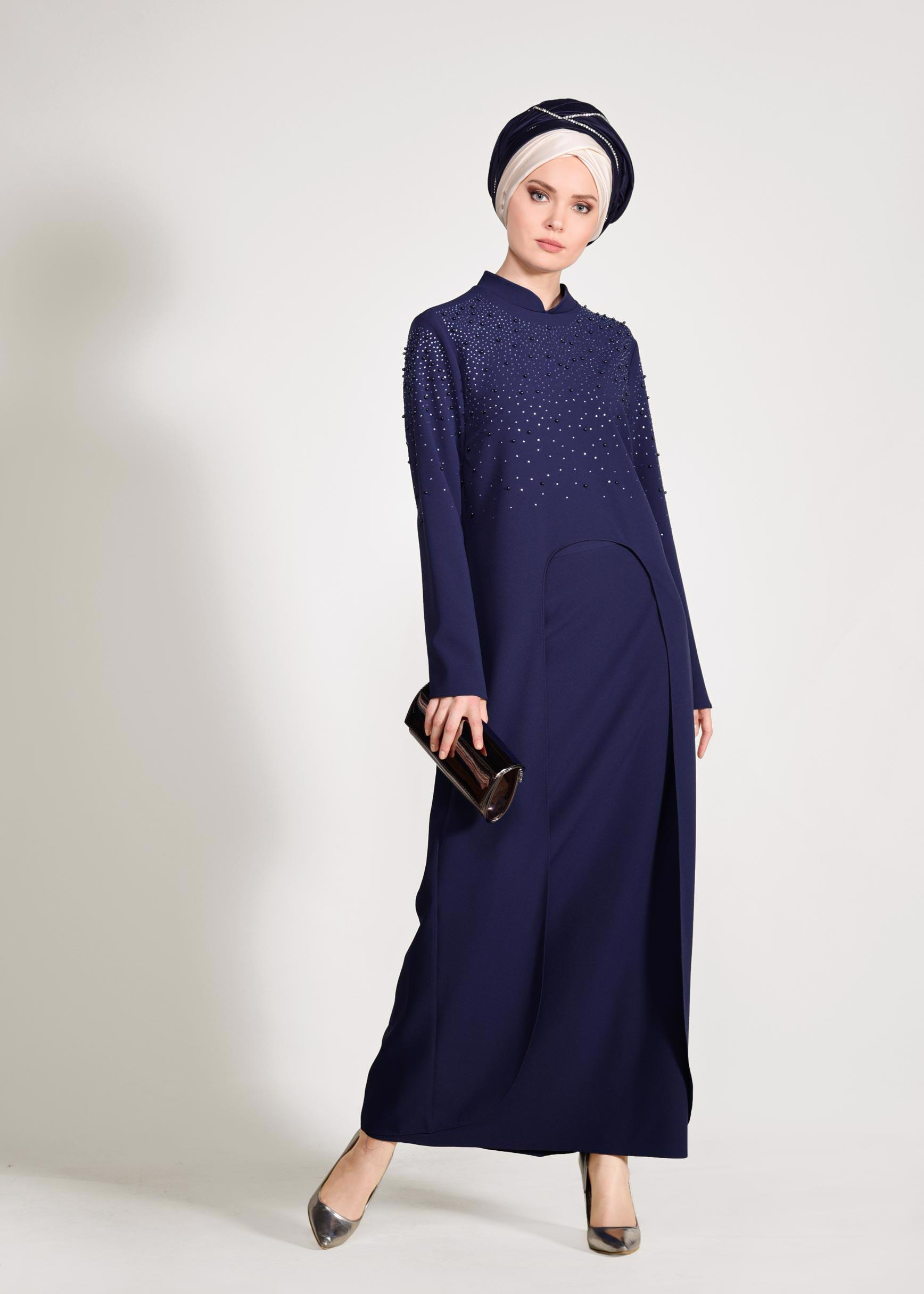 Tesettür giyim LACİVERT BONCUK İŞLEMELİ 2′Lİ ETEKLİ TAKIM 3456