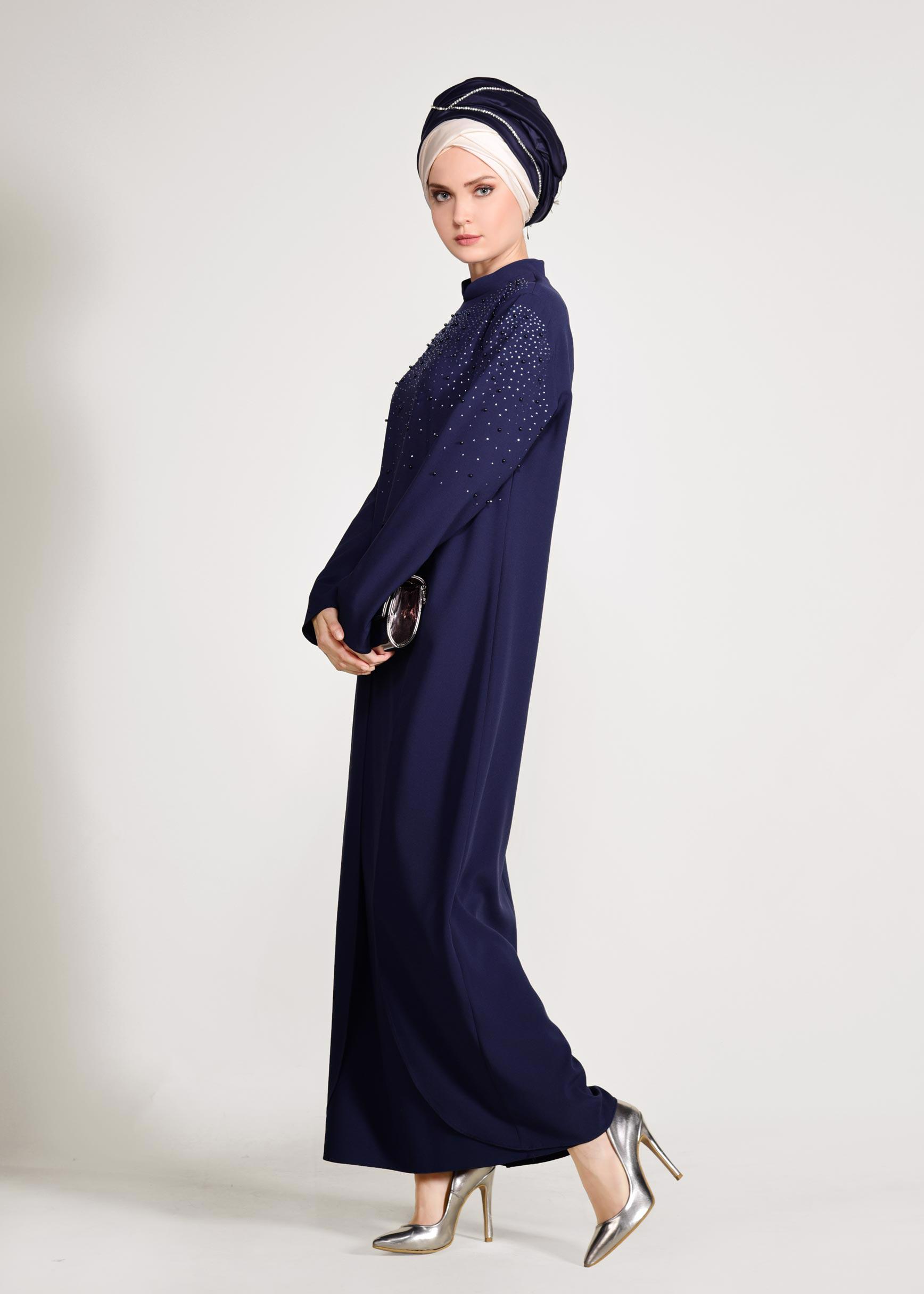 Tesettür giyim LACİVERT BONCUK İŞLEMELİ 2′Lİ ETEKLİ TAKIM 3456