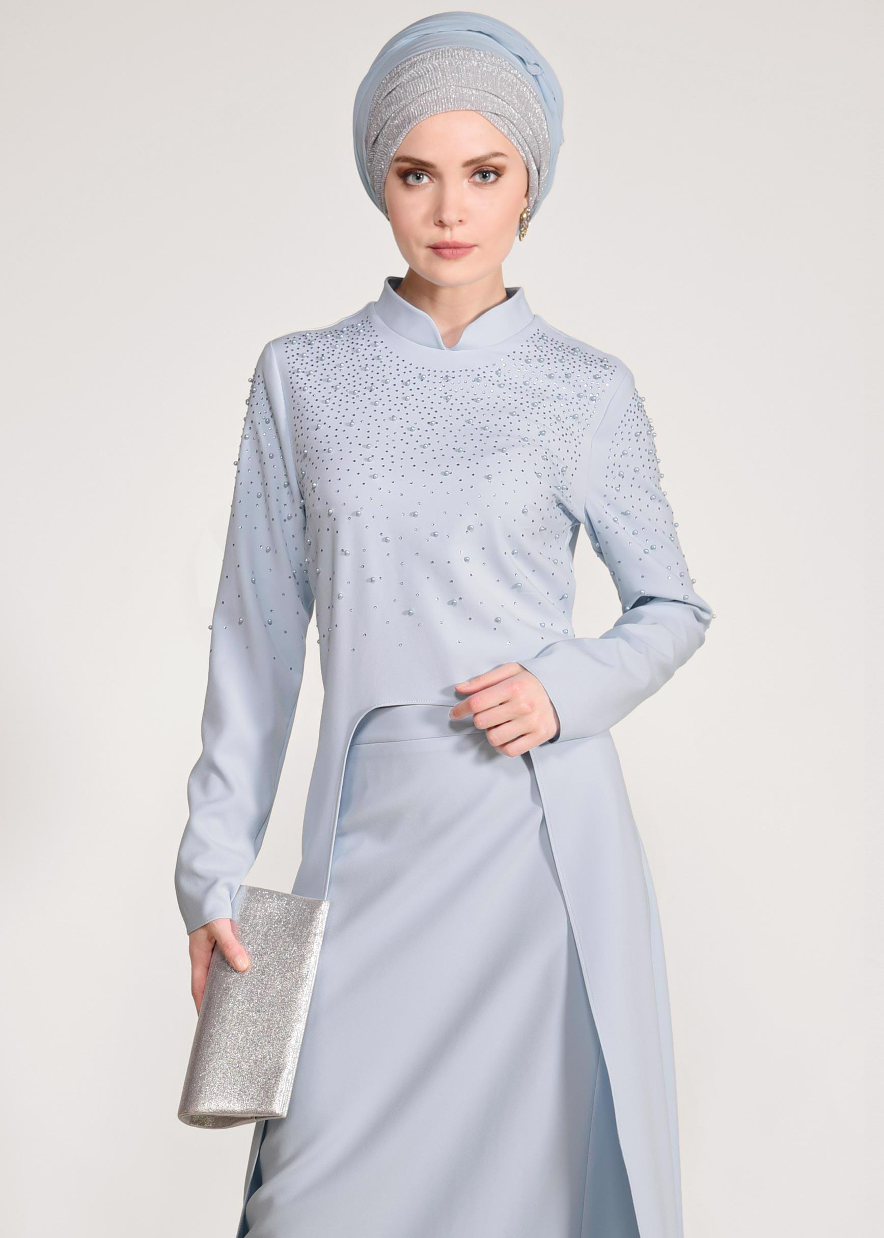 Tesettür giyim MAVİ BONCUK İŞLEMELİ 2′Lİ ETEKLİ TAKIM 3456